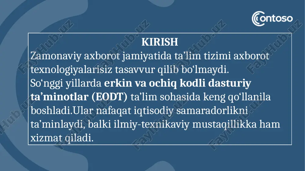 niyati. keng jamoatchilik tomonidan tekshirilgan xavfsizlik. doimiy yangilanish va hamkorlik muhiti. ta’lim muassasalarida o‘quv xarajatlarini kamaytirish. eodtning kamchiliklari texnik yordamning cheklanganligi.ba’zi dasturlarning interfeysi murakkab.maxsus tayyorgarlik talab qilinadi.hamma foydalanuvchilar uchun qulay emas. 8 ta’limda qo‘llaniladigan ochiq dasturlar moodle – masofaviy ta’limni tashkil etish platformasi. libreoffice – matn, jadval va taqdimot dasturlari to‘plami. geogebra – matematika va geometriya fanlari uchun. gimp – rasm tahrirlash dasturi. r studio – statistik tahlil uchun. jitsi meet – onlayn videokonferensiyalar uchun. 9 moodle tizimi haqida moodle — “modular object-oriented dynamic learning environment” so‘zlarining qisqartmasi. u o‘quv kurslarini yaratish, test o‘tkazish, vazifa topshirish va talabalar faoliyatini baholash imkonini beradi. moodle o‘zbekiston oliy ta’lim tizimida keng joriy etilgan. 10 libreoffice dastur to‘plami libreoffice — microsoft office dasturiga bepul muqobil. unda writer, calc, impress, draw, base, math kabi modullar mavjud. bu dastur ko‘plab otm va maktablarda ofis ishlarini yuritishda qo‘llanilmoqda. 11 geogebra va gimp dasturlari geogebra – matematika va …