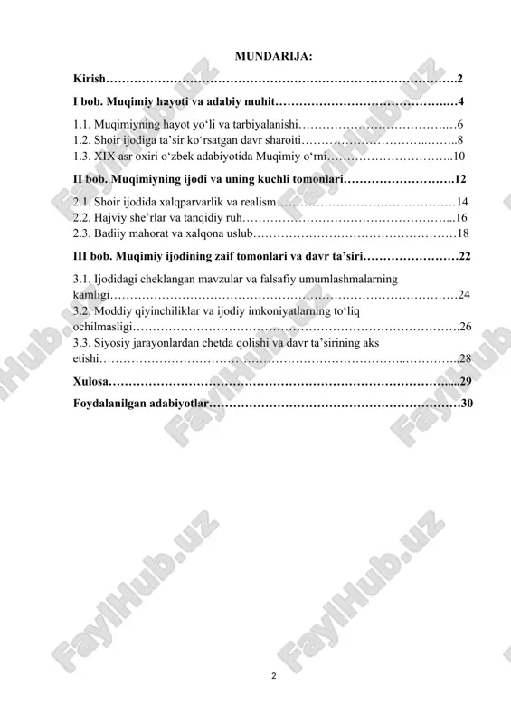 . muqimiy o‘zbek adabiyotida realizmning yirik vakillaridan biri bo‘lib, she’rlari orqali xalq hayotini haqqoniy tasvirladi. uning asarlarida xalqparvarlik, tanqidiy ruh, oddiy kishilarning tashvishlari va orzu-umidlari, davrning og‘ir sharoitlari yorqin ifoda topgan. shoir jamiyatdagi nodonlik, riyo, mansabparastlik kabi illatlarni keskin tanqid qildi. shu bilan birga, uning asarlarida xalqona ohang, istehzo va yumor ko‘zga tashlanadi. mazkur loyiha ishida muqimiyning hayoti va ijodiy faoliyati yoritilib, uning ijodidagi kuchli va zaif tomonlar tahlil qilinadi hamda adib ijodiga davr ta’siri o‘rganiladi. ishning dolzarbligi shundaki, muqimiy ijodini o‘rganish orqali o‘zbek adabiyotida realizmning shakllanish jarayoni, xalq hayotining adabiyotdagi badiiy in’ikosini chuqurroq anglash mumkin bo‘ladi. loyihaning asosiy maqsadi – muqimiy ijodiy merosini tahlil qilish, uning ijodidagi o‘ziga xos jihatlarni ochib berish, kuchli va zaif tomonlarini aniqlash hamda davr ta’sirini baholashdan iborat o‘zbek adabiyoti tarixida muqimiy alohida o‘rin egallaydi. uning ijodi o‘z davridagi ijtimoiy hayotni, xalqning orzu-armonlarini va dardlarini badiiy ifoda etgani bilan qadrlanadi. shoir o‘z asarlarida zamondoshlari hayotini …