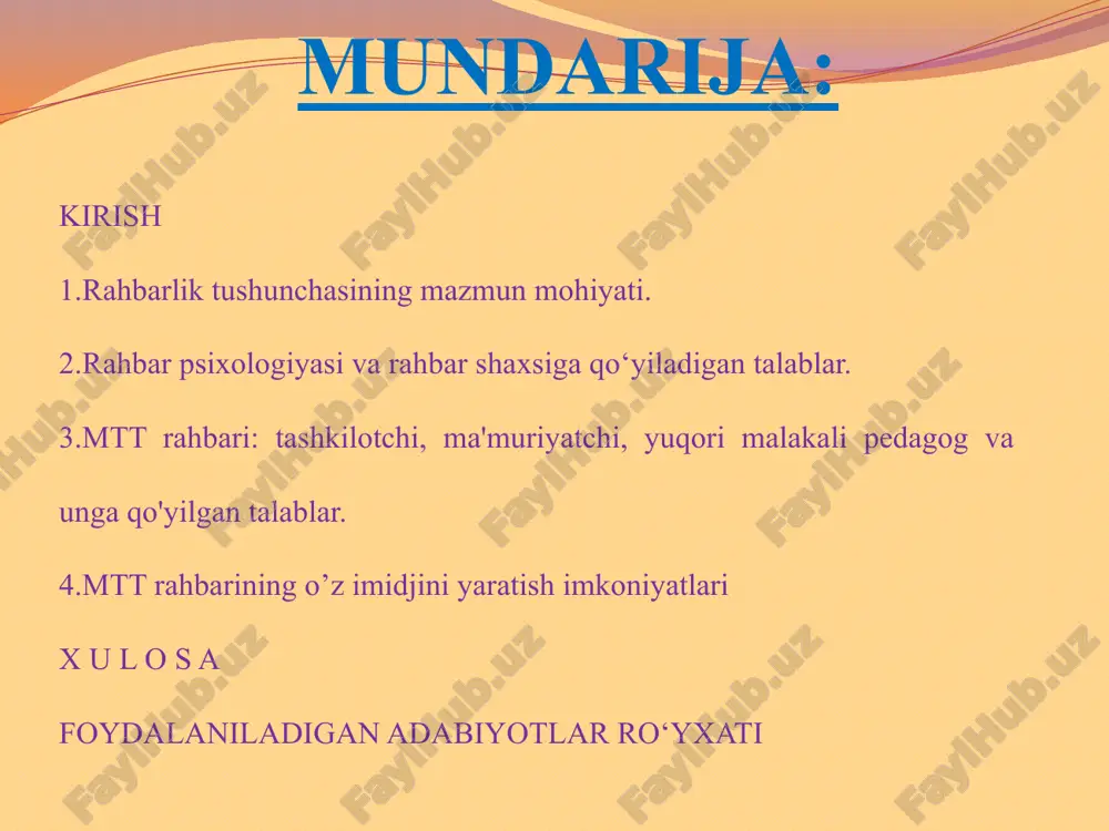 d imkoniyatlari va unga zamonaviy yondashuvlarni ahamiyatini asoslab berish. kurs ishi ob’ekti: mttga rahbar xodimlarni tanlashning mavjud imkoniyatlari va unga zamonaviy yondashuvlar. kurs ishi predmeti - mttga rahbar xodimlarni tanlashning mavjud imkoniyatlari va unga zamonaviy yondashuvlarning samarali shakl, metod va vositalari. kurs ishi tuzilishi va hajmi: kirish, 4 ta reja, xulosa, foydalanilgan adabiyotlar ro’yhati hamda ilova materiallaridan iborat. rahbarlik tushunchasining mazmun mohiyati rahbarlik (fors yo‘lboshchilik) o‘z faoliyati sohasida yuksak ko‘rsatgichlarga (natijalarga erishgan) (v.paretov) harizmatik (m. veber) boshqalardan inteliktual va axloqiy jihatdan ustun bo‘lgan (d.yuverje) siyosiy munosabatlarda eng faol hokimiyat uchun intilayotgan (mills) jamiyatning tashkillashgan ozchiligi (g.moska) biyologik va irsiy kelib chiqishi sababli jamiyatda yuqori darajaga erishgan. mutaxassislarning fikricha tashkilot rasman mavjud joyda qaror topadi, ledirlik esa psixologik munosabatlar asosida vujudga keladi. rahbar ledirlikdan qonuniy o'lchovlarga egaligi, rasmiy tashkilot bilan yuzaga kelishi, huquq asosida funksiyaga kirishuvi bilan farq qiladi. rahbar ijtimoiy nazorat va hokimiyat vositachisi bo‘lsa ledir guruhga birlashgan sub’yektlar meyor …