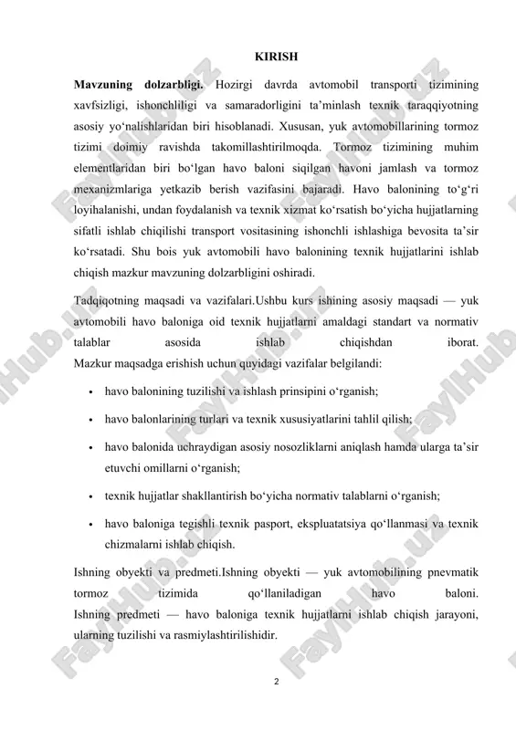 zkur mavzuning dolzarbligini oshiradi. tadqiqotning maqsadi va vazifalari.ushbu kurs ishining asosiy maqsadi — yuk avtomobili havo baloniga oid texnik hujjatlarni amaldagi standart va normativ talablar asosida ishlab chiqishdan iborat. mazkur maqsadga erishish uchun quyidagi vazifalar belgilandi: · havo balonining tuzilishi va ishlash prinsipini o‘rganish; · havo balonlarining turlari va texnik xususiyatlarini tahlil qilish; · havo balonida uchraydigan asosiy nosozliklarni aniqlash hamda ularga ta’sir etuvchi omillarni o‘rganish; · texnik hujjatlar shakllantirish bo‘yicha normativ talablarni o‘rganish; · havo baloniga tegishli texnik pasport, ekspluatatsiya qo‘llanmasi va texnik chizmalarni ishlab chiqish. ishning obyekti va predmeti.ishning obyekti — yuk avtomobilining pnevmatik tormoz tizimida qo‘llaniladigan havo baloni. ishning predmeti — havo baloniga texnik hujjatlarni ishlab chiqish jarayoni, ularning tuzilishi va rasmiylashtirilishidir. tadqiqotning nazariy va amaliy ahamiyati.tadqiqotning nazariy ahamiyati havo balonining tuzilishi, ishlash prinsipi va texnik talablari bo‘yicha ilmiy ma’lumotlarni umumlashtirish va tizimlashtirishdan iborat. amaliy ahamiyati esa ishlab chiqilgan texnik pasport, ekspluatatsiya qo‘llanmasi va chizmalar transport korxonalari, …