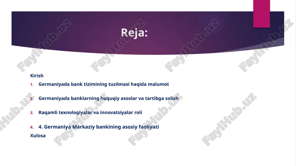 uch qutbli model” (three-pillar system) asosida tashkil etilgan bo‘lib, unda: davlat sektori banklari (sparkassen, landesbanken) – mahalliy iqtisodiyotni qo‘llab-quvvatlaydi; kooperativ banklar (volksbanken, raiffeisenbanken) – aholiga va kichik biznesga xizmat ko‘rsatadi; xususiy tijorat banklari (deutsche bank, commerzbank va boshqalar) – yirik korporativ mijozlar bilan ishlaydi. aynan shu tizim germaniya uchun tanlangan, chunki u moliyaviy xizmatlarni har bir ijtimoiy qatlam va hududga teng taqsimlashga, kichik va o‘rta biznesni rivojlantirishga imkon beradi hamda iqtisodiy barqarorlikni mustahkamlaydi. 2. germaniyada banklarning huquqiy asoslar va tartibga solish germaniya bank tizimi o‘zining murakkab, ammo barqaror tuzilmasi bilan ajralib turadi. u “uch qutbli tizim” (three-pillar system) deb ataladi. bu tizim germaniya iqtisodiyotining har bir sohasiga moliyaviy xizmatlarni yetkazib berish, raqobatni ta’minlash va barqarorlikni saqlashga xizmat qiladi. 1. germaniya markaziy banki (deutsche bundesbank) bundesbank mamlakatning asosiy moliyaviy institutidir. u yevrozonadagi evropa markaziy banki (ecb) tizimiga kiradi va germaniyada pul-kredit siyosatini amalga oshirishda muhim rol o‘ynaydi. asosiy vazifalari quyidagilardan iborat: …