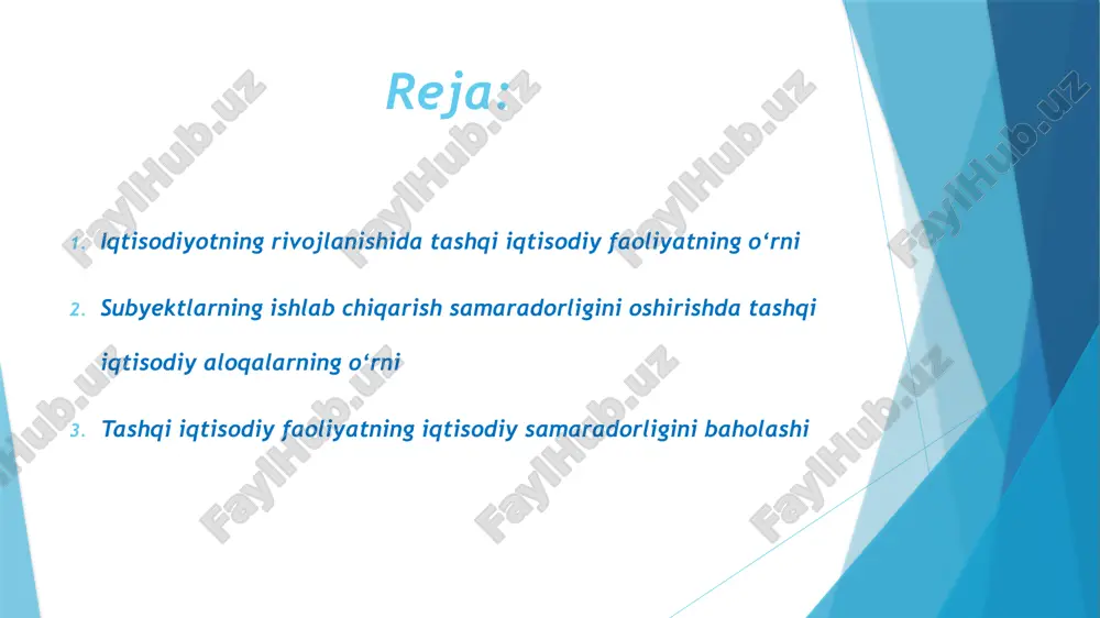 xalqaro hamkorlikdan olinayotgan iqtisodiy foydani aniqlash jarayonidir. bu baholash iqtisodiyotning rivojlanish istiqbollarini belgilashda muhim ahamiyat kasb etadi. tashqi iqtisodiy faoliyatning samaradorligini baholash orqali davlat va korxonalar o‘z strategiyasini to‘g‘ri belgilaydi, ichki bozorni himoya qiladi, xalqaro raqobatda barqaror o‘rin egallash imkoniyatiga ega bo‘ladi. tashqi iqtisodiy samaradorlikni o‘lchashda eksport va import hajmlari, ularning dinamikasi va o‘zaro muvozanati hisobga olinadi. eksportning importdan ustunligi milliy daromadning oshishiga xizmat qiladi. xulosa tashqi iqtisodiy faoliyat har qanday mamlakat iqtisodiy taraqqiyotining ajralmas qismi hisoblanadi. u nafaqat milliy ishlab chiqarishni rivojlantirish, balki xalqaro maydonda raqobatbardosh iqtisodiyotni shakllantirishda ham muhim ahamiyat kasb etadi. tashqi iqtisodiy faoliyat iqtisodiyotning barqaror o‘sishi, milliy daromadning ortishi va yangi ish o‘rinlari yaratilishini ta’minlaydi. ikkinchidan, subyektlarning ishlab chiqarish samaradorligi yuqori texnologiyalar, xorijiy investitsiyalar va tajriba almashinuvi orqali sezilarli darajada oshadi. uchinchidan, tashqi iqtisodiy faoliyatning iqtisodiy samaradorligini baholash mamlakatning xalqaro savdodagi o‘rnini aniqlash, eksport-import balansini to‘g‘ri boshqarish va iqtisodiy xavfsizlikni ta’minlashda muhim ko‘rsatkich vazifasini bajaradi. image1.png …