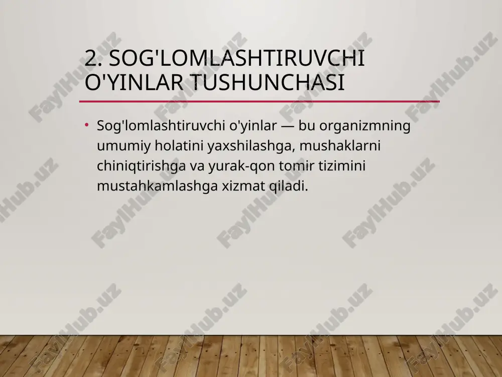 o'yinlarning ijtimoiy ta'siri ular o‘zaro hurmat, jamoada ishlash, do‘stlik va mehr-oqibat tuyg‘ularini shakllantiradi. o‘yin ijtimoiy ko‘nikmalarni rivojlantiradi. 14. xulosa sog‘lomlashtiruvchi va hordiq chiqaruvchi o‘yinlar jismoniy rivojlanish bilan birga, ruhiy barqarorlik va ijtimoiy faollikka xizmat qiladi. ularni o‘quv jarayoniga keng joriy qilish zarur. 15. foydalanilgan adabiyotlar 1. jismoniy tarbiya va sog‘lomlashtirish asoslari 2. milliy o‘yinlar to‘plami 3. metodik qo‘llanmalar 4. ilmiy maqolalar va darsliklar image1.jpg /docprops/thumbnail.jpeg