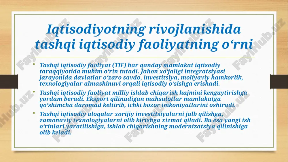 subyektlari uchun tashqi savdo, investitsiya va xalqaro hamkorlikdan olinayotgan iqtisodiy foydani aniqlash jarayonidir. bu baholash iqtisodiyotning rivojlanish istiqbollarini belgilashda muhim ahamiyat kasb etadi. tashqi iqtisodiy samaradorlikni o‘lchashda eksport va import hajmlari, ularning dinamikasi va o‘zaro muvozanati hisobga olinadi. eksportning importdan ustunligi milliy daromadning oshishiga xizmat qiladi. tashqi iqtisodiy faoliyat samaradorligi yalpi ichki mahsulot (yaim) o‘sishi, ishlab chiqarish hajmining kengayishi va milliy valyutaning barqarorligi orqali namoyon bo‘ladi. xorijiy investitsiyalar oqimi, texnologiyalar transferi, yangi ish o‘rinlarining yaratilishi va ishlab chiqarishning modernizatsiya qilinishi tashqi iqtisodiy aloqalarning bevosita samaradorlik ko‘rsatkichlaridan hisoblanadi. tashqi iqtisodiy faoliyat samaradorligini aniqlashda xalqaro savdodan olinadigan foyda, bojxona tushumlari, tashqi qarzlarning qisqarishi va valyuta zaxiralarining ko‘payishi ham muhim o‘rin tutadi. tashqi iqtisodiy faoliyatning samaradorligini baholash orqali davlat va korxonalar o‘z strategiyasini to‘g‘ri belgilaydi, ichki bozorni himoya qiladi, xalqaro raqobatda barqaror o‘rin egallash imkoniyatiga ega bo‘ladi. xulosa: tashqi iqtisodiy faoliyat har qanday mamlakat iqtisodiy taraqqiyotining ajralmas qismi hisoblanadi. u nafaqat milliy ishlab …