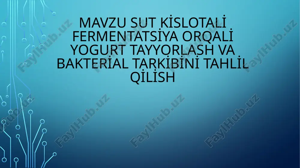 0–45°c ga tushganda starter bakteriyalar qo‘shish mumkin. juda issiq sut bakteriyalarga zarar yetkazadi, juda sovuq sut fermentatsiyani sekinlashtiradi. ushbu jarayon natijasida sut fermentatsiya uchun tayyor bo‘ladi va yogurtning sifatli, xushbo‘y va sog‘liq uchun foydali bo‘lishini ta’minlaydi. laktik bakteriyalarni qo‘shish va fermentatsiya sharoitlarini yaratish sut tayyor bo‘lgach va kerakli haroratga sovutilgach (40–45°c), yogurt tayyorlash uchun starter bakteriyalar – odatda lactobacillus bulgaricus va streptococcus thermophilus qo‘shiladi. bu bakteriyalar sutdagi laktozani laktik kislotaga aylantiradi va yogurtning o‘ziga xos ta’mini, qalinligini va tuzilishini hosil qiladi. fermentatsiya jarayoni quyidagi sharoitlarda amalga oshiriladi: harorat: 40–45°c atrofida, optimal harorat bakteriyalar faoliyati uchun muhim. vaqt: odatda 4–8 soat davom etadi, vaqt davomida sut asta-sekin qalinlashadi. idish: yopiq, toza va issiqlikni ushlab turadigan idishlar ishlatiladi, bu fermentatsiya jarayonini barqaror qiladi. fermentatsiya tugagach, tayyor yogurt sovutish uchun muzlatgichga qo‘yiladi va undan keyin iste’molga tayyor bo‘ladi. yogurtda bakterial miqdor va turlarini tekshirish (mikrobiologik usullar yordamida) yogurtda mavjud bakteriyalarni aniqlash uchun quyidagi …