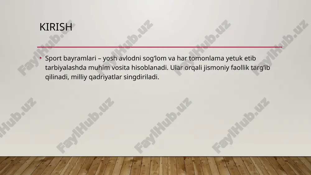 ishtirokchilar faolligini oshiradi. o‘yinlarni baholash mezonlari ishtirokchilarning faolligi, harakat aniqligi, sport etikasi, jamoaviylik kabi mezonlar asosida baholanadi. xulosa milliy va harakatli o‘yinlar sport bayramlarini mazmunan boyitadi, yoshlarda sportga muhabbat uyg‘otadi, milliy qadriyatlarni singdiradi. foydalanilgan adabiyotlar 1. axmedov a. “milliy o‘yinlar tarbiyasi”, toshkent, 2019 2. sport pedagogikasi. o‘quv qo‘llanma – t.: o‘zdjti, 2020 3. www.olympic.uz – o‘zbekiston milliy olimpiya qo‘mitasi rasmiy sayti 4. o‘zbekiston respublikasi jismoniy tarbiya va sport vazirligi materiallari image1.jpg /docprops/thumbnail.jpeg