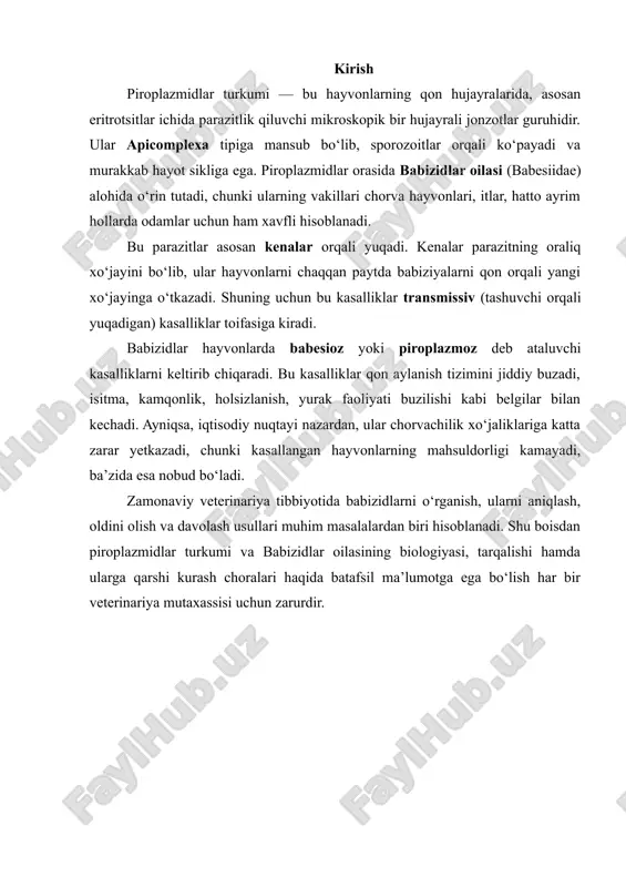 asosan eritrotsitlar (qizil qon tanachalari) ichida parazitlik qiladi. piroplazmidlar mikroskopik o‘lchamda bo‘lib, odatda oval, dumaloq yoki halqa shaklida uchraydi. ularning hajmi 1–5 mikrometr oralig‘ida bo‘ladi. bu parazitlar murakkab hayot sikliga ega: ular ikki xo‘jayinda rivojlanadi — biri oraliq xo‘jayini (odatda kenalar), ikkinchisi esa asosiy xo‘jayini (sutemizuvchilar, qushlar va boshqa hayvonlar). piroplazmidlar hayvon tanasiga ko‘pincha kenalar chaqishi orqali kiradi. kenaning so‘lagi bilan birga hayvon qoniga kirgan sporozoitlar eritrotsitlarga joylashadi va u yerda ko‘payishni boshlaydi. piroplazmidlar o‘z hayot faoliyati davomida eritrotsitlarni parchalab, hayvon organizmida kamqonlik, isitma, holsizlanish kabi klinik belgilarni keltirib chiqaradi. kasallik og‘ir kechgan hollarda hayvonlarning o‘limiga olib kelishi ham mumkin. ular babesia, theileria, cytauxzoon kabi jinslarni o‘z ichiga oladi. piroplazmidlarning ko‘payish jarayoni bo‘linish va sporogoniy orqali amalga oshadi. xo‘jayinda (masalan, qoramolda) ular asosan bo‘linish yo‘li bilan ko‘payadi, kenalarda esa jinsiy ko‘payish jarayoni kuzatiladi. shu sababli, piroplazmidlar nafaqat parazitologik, balki epidemiologik va veterinariya jihatdan ham juda muhim hisoblanadi. piroplazmidlar asosan subtropik …