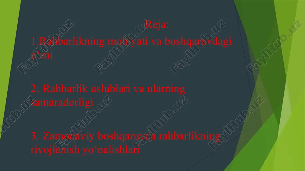 h , qayishqoqlik, ilmiy fikrni tushuna olish va yetkaza olish qobiliyatiga ega bolishi kerak. rahbar boshqaruv, iqtisodiyot va moliya, huquq, sotsiologiya va pedagogika asoslarini bilishi lozim. bu fanlar butun boshqaruvga ilmiy qarashlar tizim ini yaratish im konini beradi. boshqaruv faqat ilmiy bilimlarga ega bolishni emas, balki boshqarish san’atini bilishni ham talab qiladi, boshqaruv bilan shug‘ullanuvchi, avvalo, 0‘z -o‘zini tarbiyalay olishi, o‘zini boshqara olishi zarur. buning uchun u doimo va muntazam o ‘zini o‘zi tarbiyalashi kerak. rahbar uslubi eshitish va o‘qish, so‘zlash va yozish, ya’ni axborotni qabul qilish va uni boshqalarga uzatish malakasida ifodalanadi. rahbar uchun zamin bo’lgan sifatlar jumlasiga uning tashkilotchilik qobiliyati, ish qobiliyati, kuchi, xushmuomalaligi, irodaliligi kiradi. bozor sharoitida ishlovchi rahbar va mutaxassislar oldiga qat’iy talablar qo‘yiladi. ular yuqori ishbilarmon va axloqli, tadbirkor bolishi, ahil jamoa tashkil etish va mehnat jamoasi bilan davlat manfaatlari uyg‘un bolishini ta’m inlay olishlari kerak. zamonaviy rahbarlar yuqori malakaga ega bo’lishi, istiqbolni ko‘ra ohshi …