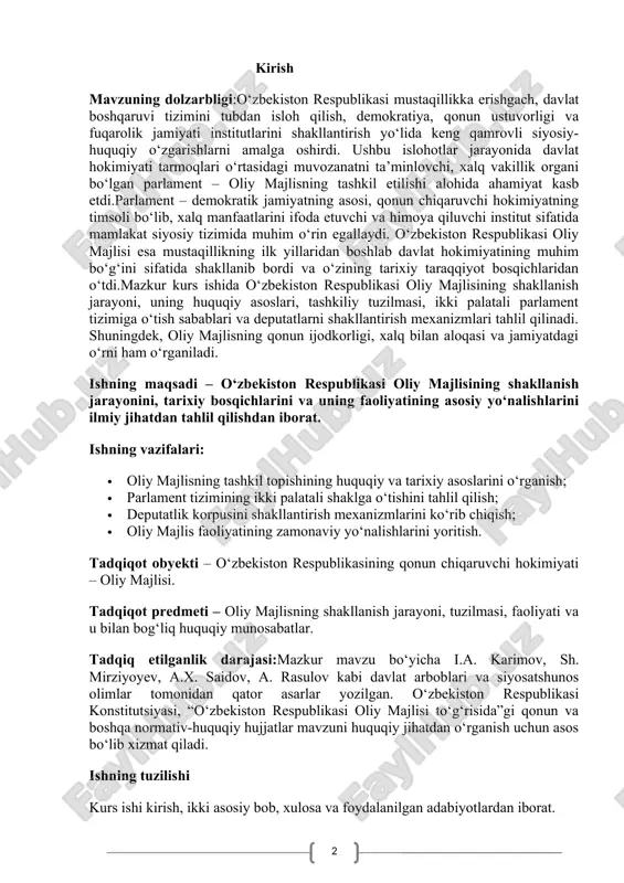 tashkil topishining huquqiy va tarixiy asoslarini o‘rganish; · parlament tizimining ikki palatali shaklga o‘tishini tahlil qilish; · deputatlik korpusini shakllantirish mexanizmlarini ko‘rib chiqish; · oliy majlis faoliyatining zamonaviy yo‘nalishlarini yoritish. tadqiqot obyekti – o‘zbekiston respublikasining qonun chiqaruvchi hokimiyati – oliy majlisi. tadqiqot predmeti – oliy majlisning shakllanish jarayoni, tuzilmasi, faoliyati va u bilan bog‘liq huquqiy munosabatlar. tadqiq etilganlik darajasi:mazkur mavzu bo‘yicha i.a. karimov, sh. mirziyoyev, a.x. saidov, a. rasulov kabi davlat arboblari va siyosatshunos olimlar tomonidan qator asarlar yozilgan. o‘zbekiston respublikasi konstitutsiyasi, “o‘zbekiston respublikasi oliy majlisi to‘g‘risida”gi qonun va boshqa normativ-huquqiy hujjatlar mavzuni huquqiy jihatdan o‘rganish uchun asos bo‘lib xizmat qiladi. ishning tuzilishi kurs ishi kirish, ikki asosiy bob, xulosa va foydalanilgan adabiyotlardan iborat. i bob. oʻzbekistonda parlament tizimining shakllanishi va rivojlanish bosqichlari 1.1. oliy majlisning tashkil topish tarixi va huquqiy asoslari 0‘zbekiston tarixida birinchi marta butunlay yangi sharoitlarda siyosiy, iqtisodiy va ma’naviy islohotlar keng qamrovli yangilanishlar amalga oshirilishi yirik …