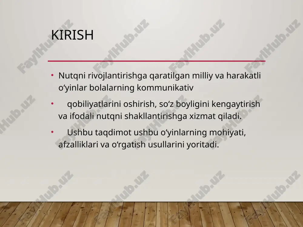 rolli o‘yinlar orqali nutq faolligini oshirish**. pedagogik usullar va o‘yinlar - **nutqni rivojlantirishga mo‘ljallangan interfaol metodlar**. - **rolli o‘yinlar va nutq mashqlari**. - **yangi so‘zlarni tez eslab qolish va ishlatish texnikalari**. innovatsion o‘quv yondashuvlari - **audio va vizual vositalardan foydalanish**. - **multimediali va raqamli texnologiyalardan foydalanish**. - **musiqali va ritmik o‘yinlar orqali nutq rivojlantirish**. nutqni rivojlantiruvchi o‘yinlarni o‘rgatish - **o‘yinlarni turli yosh guruhlari uchun moslashtirish**. - **yangi so‘z va iboralarni o‘rganish uchun didaktik yondashuv**. - **nutq mashg‘ulotlarini harakat bilan birlashtirish**. bolalar uchun tavsiyalar - **nutqiy mashqlarni muntazam o‘tkazish**. - **muloqotni rag‘batlantirish va yangi so‘zlarni faol qo‘llash**. - **bolalarni rolli o‘yinlarga jalb qilish va hikoya tuzishga o‘rgatish**. ota-onalar uchun ko‘rsatmalar - **bolalar bilan doimiy suhbat qilish**. - **nutq rivojlanishiga xizmat qiluvchi o‘yin va kitoblarni tavsiya etish**. - **yangi so‘zlarni mustahkamlash uchun doimiy rag‘bat berish**. nutqni rivojlantirishning psixologik asoslari - **muloqot jarayonida mustaqil fikrlashni shakllantirish**. - **bola psixologiyasiga mos yondashuv**. - **ijtimoiy …