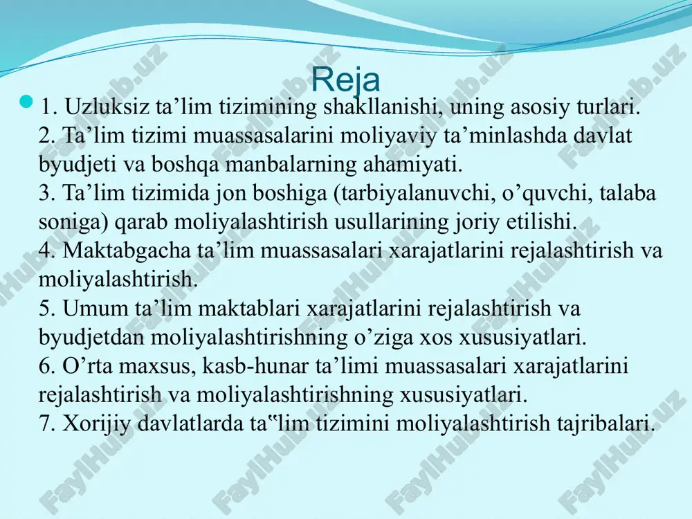 xshilash o’rta maxsus kasbiy ta‘limni oqilona tashkil etish kadrlar tayyorlashning samarali tizimini yaratish. “ta‘lim to’g’risida” gi qonun hamda kadrlar tayyorlash milliy dasturiga ko’ra, o’zbekiston respublikasida ta‘lim quyidagi ko’rinishlarda amalga oshiriladi maktabgacha ta’lim umumiy o’rta ta’lim o’rta maxsus kasb xunar ta’lim oliy talim oliy ta’limdan keyingi ta’lim malaka oshirish va kadrlarni qayta tayyorlash maktabdan tashqari ta’lim o’zbekistonda ta‘lim tizimi faoliyati ustidan rahbarlikni bevosita 3 ta vazirlik xalq ta‘limi (xtv), oliy va o’rta maxsus ta‘lim (oo’mtv) maktabgacha ta‘lim vazirligi (mtv) amalga oshirar edi. o’zbekiston respublikasi ta’lim, fan va inovatsiyalar vazirligi o’zbekiston respublikasi maktabgacha va maktab ta’lim vazirligi bugungi kunda ta‘lim tizimini moliyalashtirishning ko’p kanalli tizimi shakllangan bo’lib, moliyaviy resurslarning quyidagi manbalariga ega 2015-2020-yillar mobaynida davlat byudjetining qariyb 60 foizi ijtimoiy sohalarga yo’naltirilganligi, uchdan bir qismi ta‘lim sohasiga safarbar qilingan. bundan tashqari, davlatning maqsadli jamg’armalari (kitob jamg’armasi, bolalar sportini rivojlantirish jamg’armasi, ta‘lim va tibbiyot muassasalarining moddiy-texnika bazasini rivojlantirish jamg’armasi), davlat tomonidan ta‘limning taraqqiyotiga …
