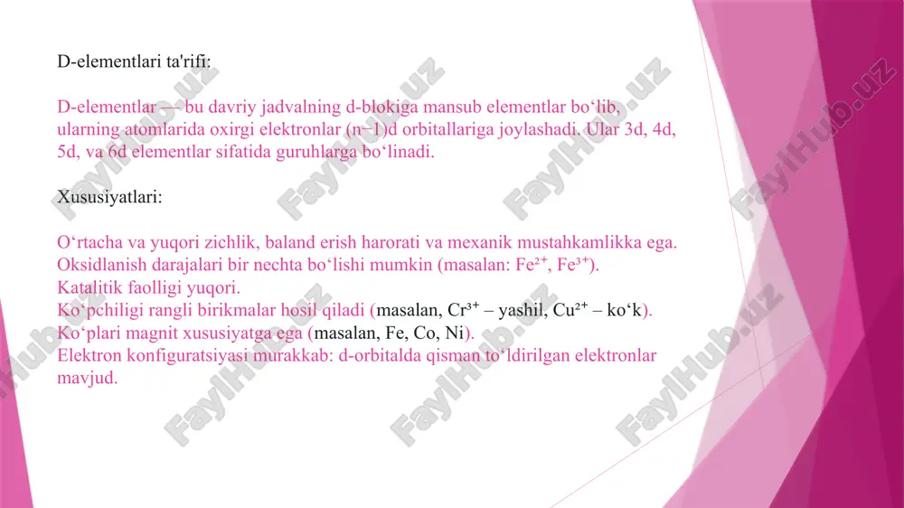 yutmaydi). gafniy (hf): eng zich va issiqlik barqaror metallardan. yadro reaktorlarida va yuqori haroratli qotishmalarda ishlatiladi. vanadiy (v):vanadiy po‘latni mustahkamlashtiruvchi modda sifatida ishlatiladi.kimyo sanoatida, ayniqsa, kislorod bilan reaksiyalarni tezlashtirishda ishlatiladi. niobiy (nb):niobiy yuqori haroratli supero‘tkazuvchilarda ishlatiladi.niobiy qotishmalari kosmik qurilmalarda ishlatiladi. tantal (ta):tantal, yuqori haroratli reaktorlar va aviatsiya sanoatida qo‘llaniladi.kondensatorlar, yuqori ishonchli elektron qurilmalarda ishlatiladi. zr(sirkoniy) ti(titan) hf(gafniy) v(vanadiy) nb(niobiy) ta(tantal) to‘rtinchi guruh d-elementlari: ti (titan), zr (zirkoniy), hf (gafniy) fizik xossalari: metallik xususiyatlar: bular yuqori erish haroratiga ega bo‘lgan, metallik porlashga ega bo‘lgan elementlardir. ular yaxshi elektr va issiqlik o‘tkazuvchilar. zichlik: titan o‘zining engil va kuchli material sifatida mashhur, zirkoniy va gafniy esa titan bilan solishtirganda og‘irroq va zichroq. erish harorati: titan (ti): 1668°c zirkoniy (zr): 1855°c gafniy (hf): 2233°c gafniy, yuqori erish harorati bilan, yuqori haroratli qotishmalarda ishlatiladi. kimyoviy xossalari: oksidlanish darajasi: asosiy oksidlanish darajasi +4 bo‘lib, ba’zan +3 darajasi ham kuzatiladi. oksidlar: titan (ti): tio₂ (titan dioksid) zirkoniy …