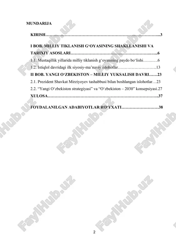 olib chiqmoqda. ayniqsa, yoshlar, ayollar, tadbirkorlar va ilm-fan vakillariga berilayotgan e’tibor o‘zbekistonda kelajak poydevorini mustahkamlamoqda. mazkur kurs ishining asosiy maqsadi – o‘zbekiston respublikasining mustaqillikdan keyingi taraqqiyot bosqichlarini tahlil qilish, milliy tiklanish g‘oyasining shakllanish jarayonini ilmiy-nazariy asosda yoritish hamda hozirgi kunda amalga oshirilayotgan “yangi o‘zbekiston” konsepsiyasi doirasidagi islohotlarni tahlil qilishdan iboratdir. shuningdek, quyidagilar ushbu ishning asosiy vazifalari sifatida belgilangan: · o‘zbekistonning mustaqillikka erishgach, milliy o‘zlikni anglash jarayoni va tarixiy xotirani tiklash borasidagi siyosatini o‘rganish; · “milliy tiklanish” tushunchasining mazmun-mohiyatini ochib berish va uning bosqichlarini aniqlash; · prezidentimiz shavkat mirziyoyev tomonidan ilgari surilgan “yangi o‘zbekiston” g‘oyasining asosiy tamoyillari va ustuvor yo‘nalishlarini tahlil qilish; · milliy yuksalishning siyosiy, ijtimoiy, ma’naviy va iqtisodiy asoslarini ko‘rsatib berish; ishning vazifalari:ushbu kurs ishida quyidagi ilmiy-amaliy vazifalarni hal qilish nazarda tutiladi: 1. o‘zbekiston mustaqillikka erishganidan so‘ng milliy tiklanish g‘oyasining vujudga kelish sabab va omillarini aniqlash; 2. milliy tiklanishning asosiy bosqichlarini va ularning mazmun-mohiyatini tahlil qilish; 3. “yangi o‘zbekiston” …