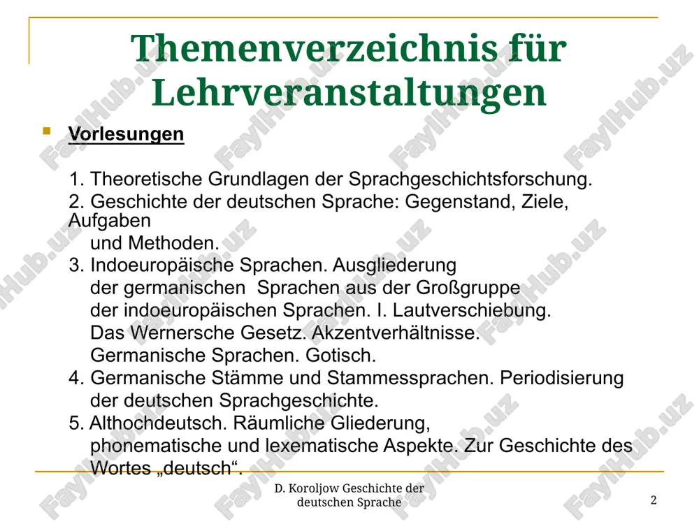 he studium. – s. hirzel verlag stuttgart 2007 5. schmid, hans ulrich einführung in die deutsche sprachgeschichte: lehrbuch germanistik. ‒ j.b. metzler 2009 5 d. koroljow geschichte der deutschen sprache 6. stedje, astrid deutsche sprache gestern und heute: einführung in sprachgeschichte und sprachkunde. − w. fink 2007 7. vogel, petra maria sprachgeschichte (kurze einführungen in die germanistische linguistik) 2013 8. wolff, gerhart deutsche sprachgeschichte. ein studienbuch. – a. francke verlag tübingen und basel 1999 9. http://andpuzik.narod.ru/sprggl.htm d. koroljow geschichte der deutschen sprache 6 theoretische grundlagen der sprachgeschichtsforschung sprachen wachsen nicht wie bäume. sie funktionieren nicht wie maschinen. sprachen sind feinstrukturierte sozialgebilde, die ihren ort im bewusstsein vieler sprecher haben und sich nach den wechselnden bewusstseinszuständen dieser sprecher unaufhörlich verändern. ob zum besseren oder schlechteren, das hängt von vielen umständen ab. harald weinrich 7 d. koroljow geschichte der deutschen sprache die sprachdiskussion der letzten jahrzehnte ist zunehmend geprägt vom interesse an …