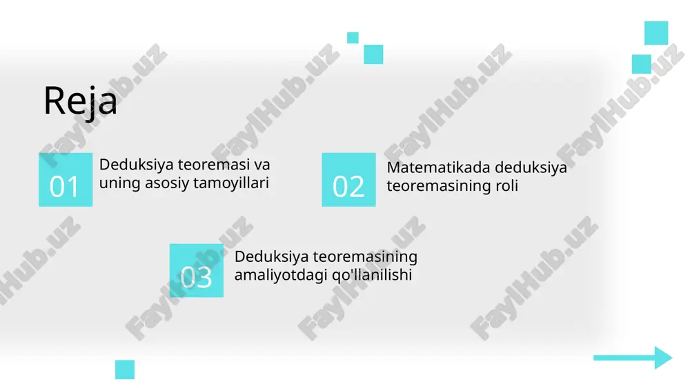 r va statistik ma'lumotlar matematika: pifagor teoremasi deduksiya usuli bilan isbotlangan. kompyuter fanlari: murakkab algoritmlar oddiy qoidalardan kelib chiqib ishlab chiqiladi. iqtisodiyot: 2021 yilda deduksiya usuli bilan qurilgan modellar orqali iqtisodiy prognozlar 85% aniqlik bilan amalga oshirilgan. matematikada deduksiya teoremasining roli deduksiya teoremasi - bu biror bir fikr yoki teoremani isbotlashda qo'llaniladigan mantiqiy jarayon. u matematikada asosiy rol o'ynaydi, chunki deduksiya orqali mavjud bilimlar tahlil qilinadi va yangi natijalar olinadi. matematikadagi ahamiyati shundaki, u nazariyalarni rivojlantirish va yangi xulosalar chiqarishda muhim vosita hisoblanadi. mantiqiy asoslar deduksiya teoremasining kuchli tomonidir, chunki u matematik ifodalar orasidagi bog'lanishlarni o'rganishga yordam beradi. misol uchun, agar a to'g'ri bo'lsa va a dan b chiqarilsa, b ning to'g'riligi isbotlanadi. boshqa bir misol, agar barcha odamlar o'z fikrlariga ega bo'lsa, va ali odam bo'lsa, unda ali ham o'z fikriga ega. photo by victor on unsplash deduksiya teoremasining mantiqiy asoslari mantiqiy fikrlash, deduksiya teoremasining asosi bo'lib, muammolarni hal …