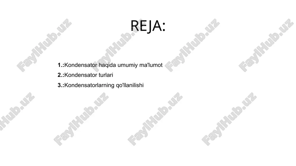 rallel plitalardan iborat. rolik kondensatori: yassi plitalar o'rniga rulon shaklida joylashtirilgan plitalardan foydalanadi. dielektrik materiallarga ko'ra: keramik kondensatorlar: keramik materiallardan tayyorlanadi, yuqori kapasitans va barqarorlikka ega. elektrolit kondensatorlar: qaytmas polimer yoki suyuq elektrolitdan foydalanadi, katta kapasitans va past narxga ega. film kondensatorlar: plastik film materiallardan tayyorlanadi, yaxshi barqarorlik va past kuchlanishga ega. maxsus kondensatorlar: superkondensatorlar: yuqori zichlikka ega energiya saqlash vositalari, tez zaryad va to'liq quvvat olish imkoniyatiga ega. varistorlar: kuchlanishdagi o'zgarishlarga qarab qarshilikni o'zgartiradi, kuchlanishni himoya qilishda qo'llaniladi. har bir kondensator turi o'ziga xos xususiyatlarga ega bo'lib, turli ilovalarda ishlatiladi. 25% keramik kondensatorlar: mlcc (multilayer) va disk ko‘rinishlari mavjud. 01 50% klasslar: np0/c0g (barqaror tempco) va x7r/y5v (katta kap.) kabi farqlar. 02 75% smd mosligi va keng ko‘lamli qo‘llanilishi. 03 03 keng termodinamik barqarorlik va yuqori xavfsizlik talablarida ishlatiladi. 01 mica kondensatorlar: qattiq dielektrik, juda stabillik va past yo‘qotishlar. 02 rf va yuqori chastota uchun samarali. kondensatorlarning qo'llanilishi elektron …