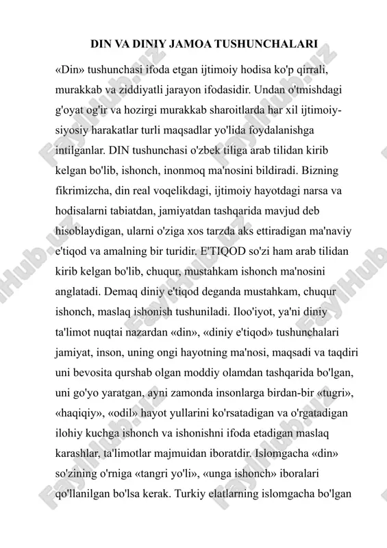 ozirgi kundagi ijobiy ahamiyatini aslo rad qilmaydi. qolaversa, din bag'rida shakllangan ma'naviy, jumladan axloqiy qadriyatlarning vujudga kelish sabablari, ularning kishilarga ijobiy ta'sirchanlik masalalari ilmiy jihatdan o'rganish va bu ma'naviy-ahloqiy qadriyatlardan foydalanish ko'proq ahamiyatga ega bo'lmoqda. ma'lumki, diniy olng ijtimoiy ong shakllaridan biri bo'lib, uning mavjudligi ham ijtimoiy borliq bilan belgilanadi. kishilarning ijtimoiy, ma'naviy hayoti moddiy asosga (bazisga) bog'liq. ijtimoiy xayot jamiyat bilan tabiat orasidagi birlikning muayyan ko'rinishi bo'lgan hukmron ishlab chiqarish usulining taraqqiyot darajasiga asoslanadi. demaq ijtimoiy borliq, bir tomondan, jamiyat bilan tabiat orasidagi birlikni, ikkinchi jihatdan, jamiyat a'zolari orasidagi o'zaro munosabatni qamrab oladi. diniy ong ijtimoiy ong shakllaridan biri sifatida ana shu munosabatning muayyan shakllarining in'ikosidir. dindor o'z tasavvurida o'zining toat-ibodatga oid harakatlari orqali ilohiy kuch bilan bevosita aloqa bog'lanish o'rnatadi. din muayyan ta'limotlar, his-tuyg'ular, toat-ibodatlar va diniy tashkilotlarning faoliyatlari orqali namoyon bo'lganligi uchun ular dinning elementlari (qismlari) deb ataladi. bu tarkibiy qismlar bir-birlari bilan uzviy bog'liqdir; dinning mavjudligi …