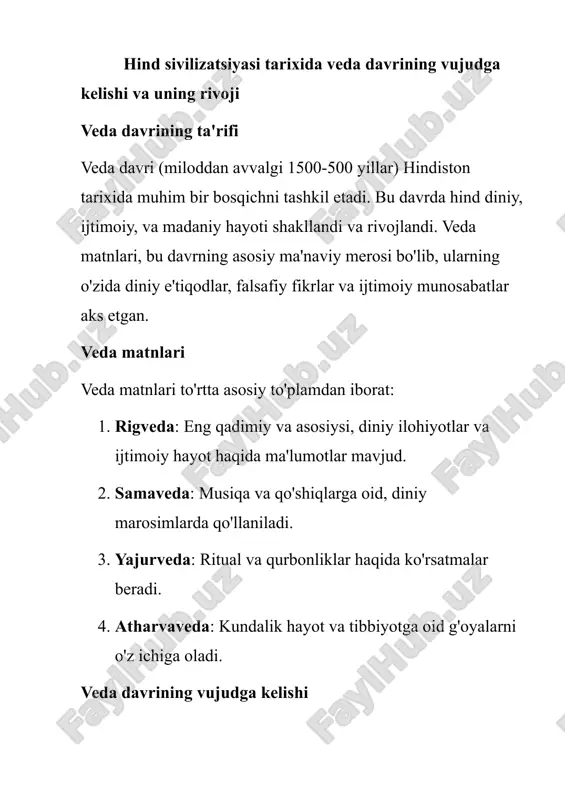 uzilmalar: kasta tizimi shakllandi. bu ijtimoiy qatlamlar va rollar o'rtasida aniq taqsimot yaratdi. veda davrining merosi veda davri hindiston sivilizatsiyasining asosini tashkil etdi. bu davrda shakllangan diniy, ijtimoiy va madaniy qarashlar, keyingi davrlar uchun muhim poydevor bo'ldi. veda matnlari, nafaqat hind diniyati, balki butun dunyo madaniyati uchun ham qimmatli merosdir. ariylarning hindistonga bostirib kirishi. qadimgi hindiston tarixidagi veda davri haqida olimlarning qarashlari ariylarning hindistonga bostirib kirishi ariylar, miloddan avvalgi 1500-yillarda, o'rta osiyo va janubiy osiyodan hindistonga ko'chib kelgan qabilalardir. ularning kelishi bir necha muhim jarayonlarga olib keldi: · keltirish va urushlar: ariylar mahalliy xalqlar bilan urush olib bordilar va o'z madaniyatlarini yoydilar. · ijtimoiy tuzilma: ariylar o'zlarining ijtimoiy tuzilmalarini va kasta tizimini shakllantirdilar, bu esa ijtimoiy hayotning yangi qoidalarini belgiladi. veda davrida ariylarning ta'siri ariylarning hindistonga kirishi natijasida: · madaniy almashuv: mahalliy aholi bilan aralashish va o'zaro ta'sir natijasida yangi madaniyatlar paydo bo'ldi. · diniy e'tiqodlar: ariylar o'z e'tiqodlarini, shu …