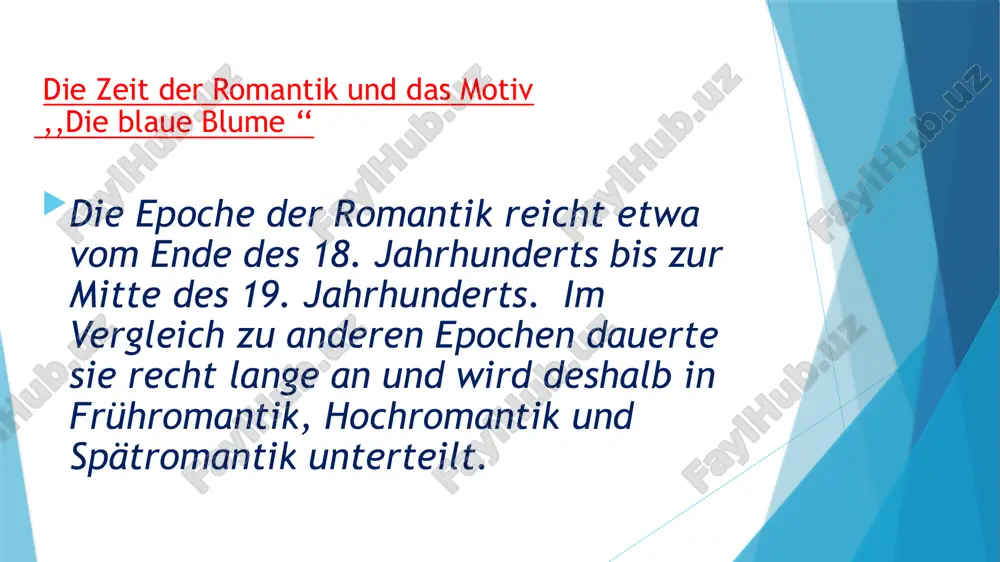 enannt. hier befand sich die junge generation der romantiker. achim von arnim und clemens brentano gaben in heidelberg ihre “zeitung für einsiedler” heraus und arbeiteten an der volksliedsammlung “des knaben wunderhorn”. joseph von eichendorff studierte an der heidelberger universität und friedrich hölderlin verbrachte ebenfalls einige jahre dort. auch in kontakt zu den heidelberger romantikern standen die brüder wilhelm und jacob grimm. spatromantik (186-1848) das ausklingen der epoche der romantik fand in berlin statt und wird häufig berliner romantik genannt. berlin war allerdings nicht der einzige standort. auch wien, nürnberg, karlsberg und heidelberg waren weiterhin standorte für vertreter der romanik. diese phase der romantik beschäftigte sich mit der erforschung menschlicher gefühle und der tiefe der seele. dazu gehörten auch düstere und unheimliche erzählungen. zudem wurde der technische fortschritt stets kritisch betrachtet und das kunstmärchen etablierte sich als gattung. bekannt waren in deutschland die kunstmärchen von e. t. a. hoffmann und die …