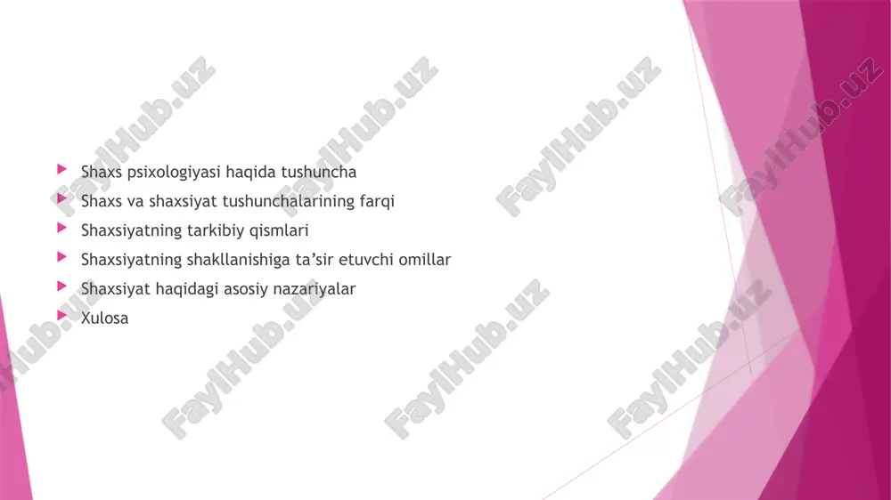 urlicha talqin qilganlar: z. freyd – psixoanalitik nazariya: shaxsiyatni ong, ongsizlik va ong osti kuchlari boshqaradi. k. yung – analitik psixologiya: arxetiplar va kollektiv ongsizlik shaxsni belgilaydi. b. skinner – bixeviorizm: inson xulqi o‘rganilgan reaksiyalar natijasidir. a. maslou – gumanistik psixologiya: inson o‘z imkoniyatlarini ro‘yobga chiqarishga intiladi. k. rojers – o‘zini anglash nazariyasi: shaxsiyat “men” konsepsiyasi asosida rivojlanadi. shaxsiyatning individual-psixologik xususiyatlari har bir inson shaxs sifatida o‘ziga xos individual xususiyatlarga ega. bu xususiyatlar uning fikrlash uslubi, hissiy holati, muloqot madaniyati va xulqida namoyon bo‘ladi. asosiy individual xususiyatlar: temperament – ruhiy jarayonlarning tezligi va barqarorligi (xolerik, sangvinik, flegmatik, melanxolik); emotsional barqarorlik – stress holatlariga bardoshlilik darajasi; iroda kuchi – qaror qabul qilish va o‘zini boshqarish qobiliyati; ekstraversiya va introversiya – insonning tashqi yoki ichki dunyoga yo‘nalganligi. 👉 bu xususiyatlar shaxsiyatni noyob qiladi va har bir insonning o‘ziga xos ruhiy portretini belgilaydi. zamonaviy psixologiyada shaxsiyatni o‘rganish yo‘nalishlari bugungi kunda shaxsiyatni o‘rganishda an’anaviy …