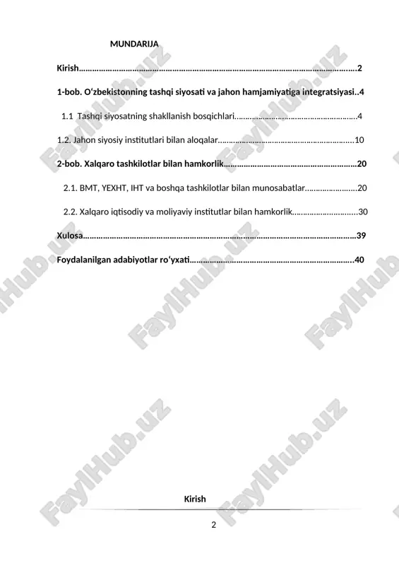 yaxshilash, ishonchli hamkor maqomini mustahkamlashda muhim omil bo‘lmoqda.mazkur mavzuni o‘rganish o‘zbekiston tashqi siyosiy strategiyasining tahlili, xalqaro maydonda tutgan o‘rni va integratsion jarayonlardagi ishtirokini chuqurroq anglash imkonini beradi. shu sababli bu mavzu bugungi davrda dolzarb, siyosiy, iqtisodiy va ilmiy nuqtayi nazardan muhim ahamiyat kasb etadi. tadqiq etilganlik darajasi:oʻzbekiston respublikasining tashqi siyosiy yoʻnalishlari va jahon hamjamiyatiga integratsiyasi masalasi mustaqillik yillaridan boshlab bir qator olimlar, siyosatshunoslar va xalqaro munosabatlar sohasidagi tadqiqotchilar tomonidan ilmiy jihatdan o‘rganilgan. ayniqsa, mamlakatning mustaqillikka erishgan dastlabki yillarida qabul qilingan tashqi siyosiy strategiya, “tinchlikparvarlik”, “ochiq tashqi siyosat” tamoyillari asosida olib borilgan siyosiy yo‘nalishlar ko‘plab ilmiy ishlarda yoritilgan.ushbu mavzuni o‘rganishda quyidagi mualliflarning ilmiy izlanishlari alohida ahamiyat kasb etadi:i.a. karimovning asarlari (xususan, “oʻzbekiston xxi asr bo‘sag‘asida”, “yuksak ma’naviyat – yengilmas kuch”)da tashqi siyosiy tamoyillar, milliy manfaatlar, mintaqaviy xavfsizlik va hamkorlik masalalari keng yoritilgan.a.x. saidov, a. rasulov, q. tursunov, m. yoʻldoshev kabi siyosatshunos olimlarning ilmiy ishlari o‘zbekistonning xalqaro tashkilotlardagi o‘rni, tashqi siyosatning normativ-huquqiy …