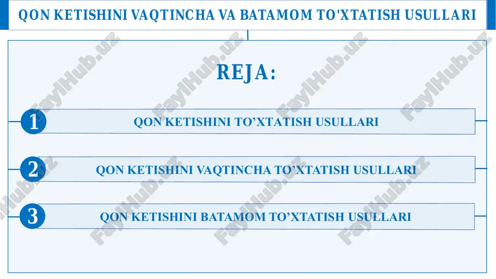 qon ketganda qo'llash mumkin, arterial qon ketganda esa jgutdan foydalanish maqsadga muvofiqdir. buning uchun qon ketayotgan joyga individual paketlardagi sterillangan bog'lamlardan, ular bo'lmasa qizdirilgan dazmol bosilgan dokani bir necha qavat qilib, ustiga toza paxta qo'yiladi va aylantirib tortib bog'lanadi. agar doka yoki bint bo'lmasa, toza matodan ham foydalanishi mumkin. bemor uchun o'ta xavf tug'diradigan qon ketish kuzatilsa, qo'l ostida bor matoni ishlatish mumkin. bosib turadigan bog'lam mayda tomirlarni yumshoq to'qimalarga bosib turganda qon ketish tez to'xtaydi. ichki a'zolardan, masalan qizilo'ngachdan qon ketganda blekmor zondidan foydalansa bo'ladi blekmor zondi qon ketishini vaqtincha to’xtatish usullari vaqtincha qon to'xtatishning quyidagi usullari bor: b. qo'l-oyoqni ko'tarib turish. bunda qon ketishining qisman kamayishi ijobiy ta'sir ko'rsatadi. ko'pincha bu usulni vena tomiri shikastlanganda qo'llash maqsadga muvofiqdir. d. qo'l bilan katta magistral arterial tomirlarni bosib turish. vaqtincha qon to'xtatishning bu usulida tomir yaqinidagi suyakka bosib turiladi. qon ketishini vaqtincha to’xtatish usullari ❖ uyqu arteriyasini to'sh-o'mrov mushagining ichki …