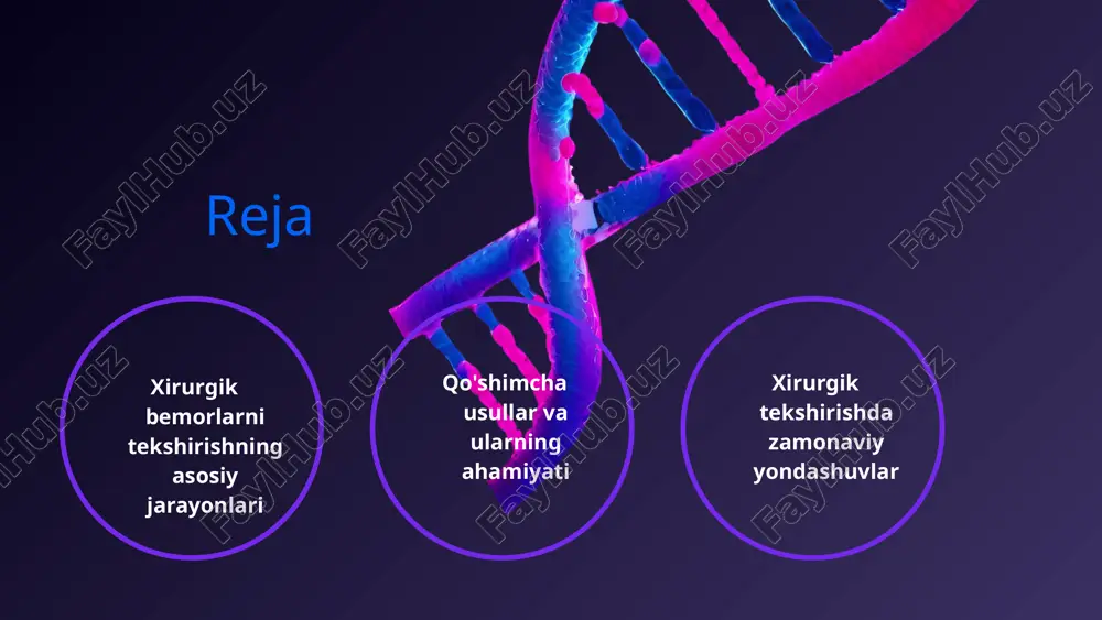 lashda foydalidir. fizik tekshiruv, jarrohlikdan oldin umumiy holatni baholash uchun amalga oshiriladi. laboratoriya tekshiruvlari, xususan, infeksiyalar yoki qon ketishlarini aniqlashda muhimdir. instrumental usullar esa murakkab holatlarda ichki tuzilmalarning holatini aniqlash uchun qo'llaniladi. xirurgik bemorlarni tekshirish jarayonidagi muhim omillar xirurgik bemorlarni tekshirish jarayoni bir nechta muhim qoidalarni o'z ichiga oladi: 1. anamnez to'plash - bemorning tarixiy ma'lumotlari, shuningdek, hozirgi holati haqida ma'lumotlar to'plash. 2. fizik tekshiruv - bemorning umumiy holatini baholash va alomatlarni aniqlash. 3. diagnostik usullar - ultratovush, tomografiya va laboratoriya tahlillari kabi qo'shimcha usullardan foydalanish. ushbu qoidalar bemorning holatini yaxshiroq tushunishga va to'g'ri davolash rejasini ishlab chiqishga yordam beradi. qo'shimcha usullar va ularning ahamiyati bemorlar holatini baholash xirurgik bemorlarni tekshirishda qo'shimcha usullar muhim ahamiyatga ega. ular bemorlarning holatini yanada aniqroq baholash imkonini beradi. tahlil usullari laboratoriya tahlillari va tasviriy usullar bemorlarning holatini aniqlashda qo'llaniladi. bu usullar tashxis qo'yishda va davolash rejasini ishlab chiqishda muhimdir. qo'llanilish sohalari qo'shimcha usullar jarrohlikdan …