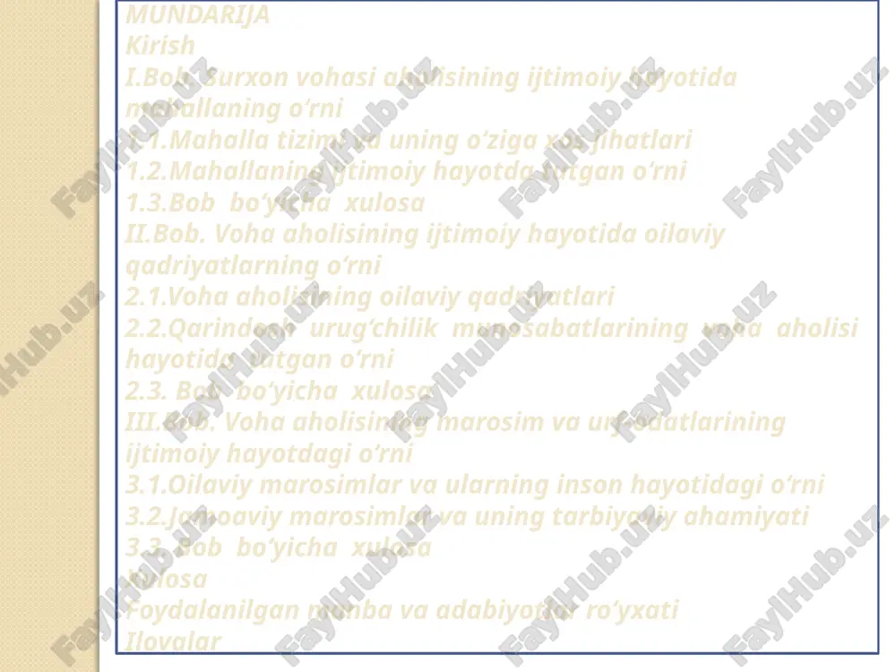 lqining ham, boshqa xalqlar singari barcha qiyinchiliklarni, og‘ir kunlarni boshdan kechiribgina qolmay, sovet davrida umumiy maishiy-madaniy yutuqlarga erishib, umuminsoniy qadriyatlar asosida zamonaviy sivilizatsiya darajasiga ko‘tarilib o‘ziga xos ijtimoiy-iqtisodiy va madaniy an’analarni yaratganligini inkor qilib bo‘lmaydi. mavzuning o‘rganilish darajasining qiyosiy tahlili. bugungi kunda o‘zbek xalqining ijtimoiy turmushida o‘sha davrda saqlanib kelgan arxaik shakldagi munosabatlardan jamoachilik, ayniqsa, qo‘shnichilik va qishloq jamoachiligi tartiblari, katta oilaning taomil bo‘lishi, ayrim guruhlarda ko‘chmanchilik turmush va urug‘-qabilaviylik tashkilotlarining elementlari, qadimiy marosim va ibodatlar qoldiqlari keng tarqalgan. qo‘shnichilik jamoasi shaklidagi jamoachilik munosabatlari nafaqat uzoq chekkadagi tog‘lik va dasht tumanlarda, balki ancha rivojlangan sug‘orma dehqonchilik tumanlarida ham saqlanib kelgan. shu jumladan, s.n.tursunovning “surxondaryo etnografiyasi” kitobida surxon vohasi aholisining etnik qiyofasi, xo‘jalik faoliyati va turmush tarzi xususiyatlari dastavval mahalliy tabiiy-geografik va ekologik sharoitga bog‘liq bo‘lib kelgan. butun o‘rta osiyo, yuqorida qayd qilinganidek, o‘ziga xos tarixiy-etnografik va xo‘jalik madaniy tiplar yaratgan mintaqa. mavzuning ilmiy yangiligi va ahamiyati. tadqiqot ishi to‘plangan ko‘plab …