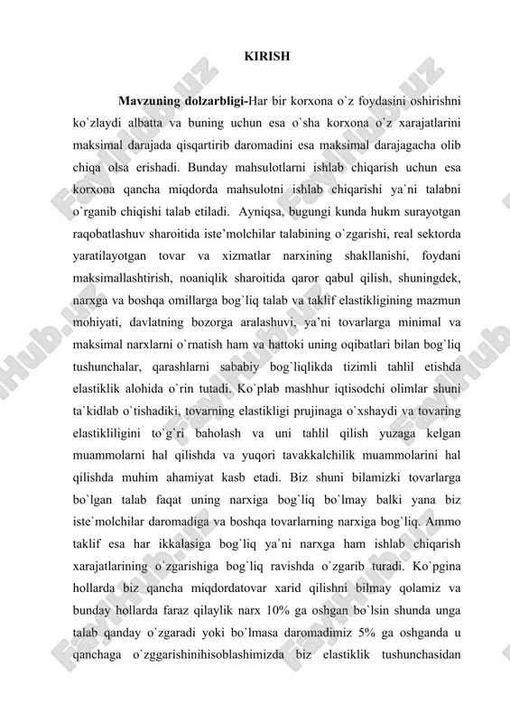 xarid qilishni bilmay qolamiz va bunday hollarda faraz qilaylik narx 10% ga oshgan bo`lsin shunda unga talab qanday o`zgaradi yoki bo`lmasa daromadimiz 5% ga oshganda u qanchaga o`zggarishinihisoblashimizda biz elastiklik tushunchasidan foydalanamiz. ammo bunga faqat iste`molchilar daromadi emas, yana boshqa tovarlarning narxi ham ta`sir qilmasdan qolmaydi. bunday holatlarda o`rnini bosuvchi tovarlar, bir-birini o`rnini to`ldiruvhi tovarlar ham elastiklikning qanday o`zgarishiga ta`sir qiladi. bugungi kunda ko`plab rivojlangan va jahon iqtisodiyotida yetakchi o`rin tutadigan mamlakatlar tajribasi shuni so`zsiz isbotlab bermoqdaki, raqobatdoshlikka erishish va dunyo bozorlariga chiqish, birinchi navbatda iqtisodiyotni izchil isloh etish, tarkibiy jihatdan o`zgartirish va diversifikatsiya qilishni chuqurlashtirish, yuqori texnologiyalarga asoslangan yangi korxona va ishlab chiqarish tarmoqlarining jadal rivojlanishini ta’minlash, faoliyat ko`rsatayotgan quvvatlarni modernizatsiya qilish va texnik yangilash jarayonlarini tezlashtirish hisobidan amalga oshirilishi mumkin. talab va taklif o`rtasidagi nomutanosiblikning yuzaga chiqqanligi, iste’mol tovarlariga bo`lgan talabning pasayishi oqibatida hosilaviy bozorlar (mehnat bozori, qimmatli qog`ozlar bozori)ga ham jiddiy ta’sir ko`rsatayotganligi, aynan mikroiqtisodiy tushunchalardan elastiklik …
