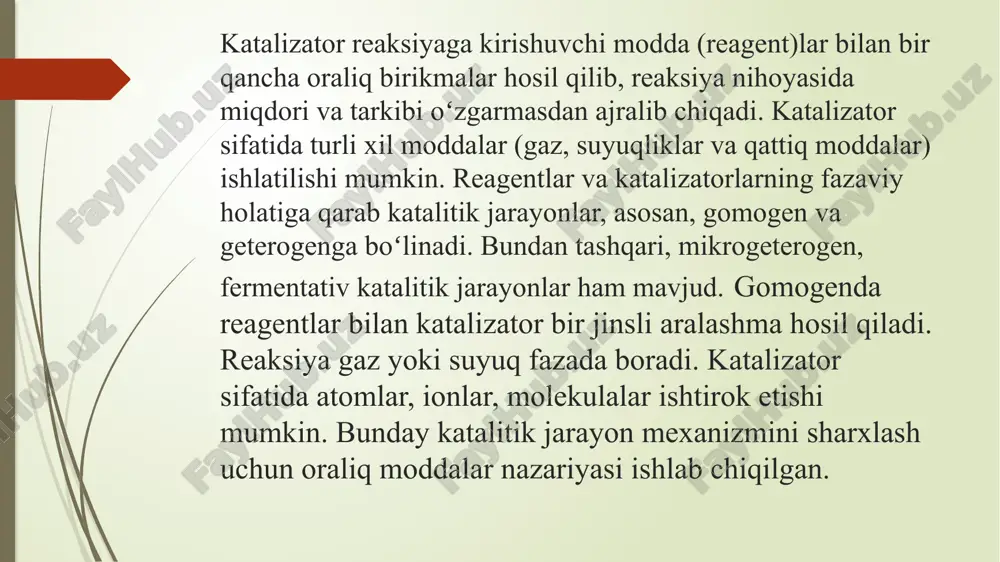 zalash uchun); biologiyada (fermentlar orqali hayotiy jarayonlarni tezlashtirish); energiya va ekologik texnologiyalarda (vodorod ishlab chiqarish, chiqindi gazlarni tozalash); katalizatorlar ilm-fan va texnologiyaning turli sohalarida katta ahamiyatga ega bo‘lib, ular samaradorlikni oshirish, energiya tejamkorligini ta'minlash va atrof-muhitni muhofaza qilishda muhim rol o‘ynaydi. katalizatorning ahamiyati: 1. sanoatda – ammiak sintezi (gaber usuli), kislotalar, plastmassalar, yonilg‘ilar ishlab chiqarishda katalizatorlar keng qo‘llaniladi. ular ishlab chiqarish samaradorligini oshiradi. 2. atrof-muhitni muhofaza qilishda – avtomobillarda ishlatiladigan katalizatorlar chiqindi gazlarni zararsiz holga keltiradi (masalan, co gazini co₂ ga aylantiradi). 3. biologik jarayonlarda – tirik organizmlarda fermentlar (enzimlar) tabiiy katalizatorlar sifatida ishlaydi va metabolik reaksiyalarni tezlashtiradi. 4. energiya tejash – reaksiyalarni tezlashtirish orqali vaqt va energiya tejaydi, bu esa iqtisodiy foyda keltiradi. 5. ekologik toza texnologiyalarni rivojlantirishda – zamonaviy “yashil kimyo” usullarida katalizatorlardan foydalanish orqali zararli chiqindilarsiz mahsulot olish mumkin. katalizatorlar ilmiy, sanoat va biologik jarayonlarning ajralmas qismi bo‘lib, ular yordamida reaksiya samaradorligi oshadi, energiya tejaladi va ekologik …