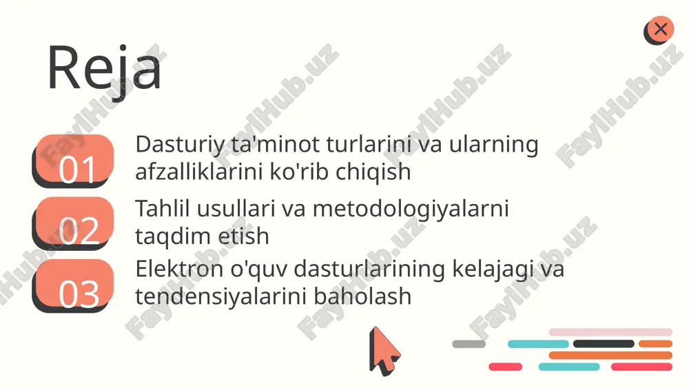 o'plab funksiyalarni taklif etadi. dasturiy ta'minotni tanlash kriteriyalari dasturiy ta'minotni tanlashda bir nechta muhim kriteriyalarga e'tibor berish kerak. ular orasida narx, funksionallik va qo'llab-quvvatlash kabi xususiyatlar muhim ahamiyatga ega. narx, dasturiy ta'minotning umumiy xarajatlarini belgilaydi va byudjetga mos kelishi kerak. funksionallik, dasturiy ta'minotning foydalanuvchi talablariga qanchalik mos kelishini ko'rsatadi. qo'llab-quvvatlash esa, dasturiy ta'minotdan foydalanish jarayonida yuzaga keladigan muammolarni hal qilishga yordam beradi. dasturiy ta'minotni tanlashda ushbu kriteriyalarni hisobga olish, to'g'ri va samarali tanlov qilish imkonini beradi. har bir xususiyatning ahamiyatini tushunish, foydalanuvchilarning ehtiyojlarini qondirishda muhimdir. tahlil usullari: kirish tahlil usullari – bu tizim yoki jarayonning tarkibiy qismlarini o'rganish va ularning o'zaro aloqalarini tushunishga yordam beruvchi metodlardir. elektron o'quv dasturlarida tahlil usullari o'quv jarayonining samaradorligini oshirishda muhim ahamiyatga ega. ular o'quvchilar bilan muloqotni yaxshilash va dasturiy ta'minot sifatini baholash imkonini beradi. tahlil usullarining maqsadi – mavjud muammolarni aniqlash va ularni bartaraf etish uchun zaruriy choralarni ko'rishdir. natijalar esa o'quv dasturlarini takomillashtirish …