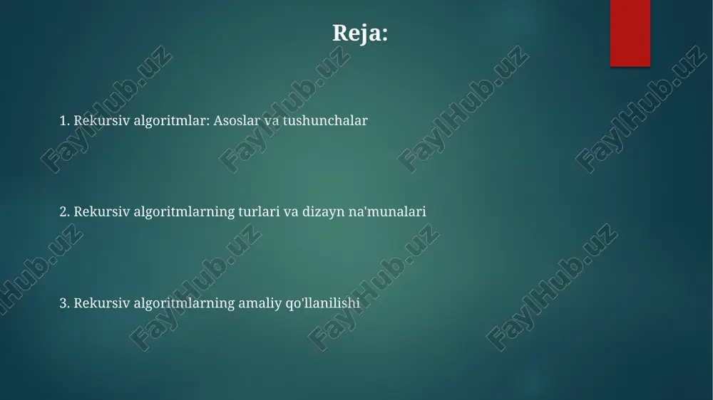 vjud bo'ladi. bilvosita rekursiya esa funksiya boshqa funksiyani chaqirib, bu funksiya asl funksiyani chaqirganida yuzaga keladi, misol uchun a funksiya b ni, b esa a ni chaqiradi. bu siklik aloqani tashkil etadi. rekursiv algoritmni loyihalash tamoyillari rekursiv algoritmni loyihalashda, 1-asosiy qadam - bu to'xtash shartini aniqlash, aks holda algoritm cheksiz takrorlanadi va xato keltirib chiqaradi, bu esa 2-muhim tamoyildir. muammoni kichikroq, o'xshash qismlarga bo'lish rekursiv algoritmlarni loyihalashning 3-asosiy tamoyilidir; har bir qism original muammoning 1/2 yoki undan kichik bo'lishi kerak. rekursiyaning har bir qadamida algoritmning kirish qiymati kamayib borishi kerak, toki u 0 yoki 1 kabi asosiy holga yetib borguncha, bu esa 4-rekursiv algoritmning muhim dizayn qismidir. rekursiyaning afzalliklari va kamchiliklari rekursiyaning kamchiliklaridan biri xotira sarfidir: har bir rekursiv chaqiruvda yangi stek ramkasi yaratiladi, bu esa xotirani 2 yoki 3 barobar ko'proq ishlatishi mumkin. rekursiyaning afzalliklaridan biri shundaki, u 10-15 qator kod bilan murakkab algoritmlarni ifodalay oladi, bu esa kodni …