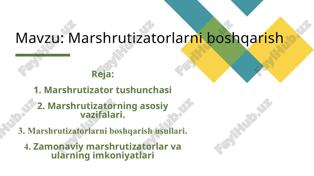 ni tanlash orqali tarmoq samaradorligini oshiradi. 2. tarmoqlar o‘rtasida aloqa o‘rnatish: marshrutizator turli turdagi tarmoqlar — masalan, lokal (lan) va global (wan) tarmoqlar o‘rtasida aloqa o‘rnatadi. shu orqali turli tarmoq texnologiyalari bir-biri bilan ma’lumot almasha oladi. 3. ma’lumotlarni manzil bo‘yicha ajratish: har bir paket ma’lum manzilga ega bo‘ladi. marshrutizator bu manzilni tahlil qilib, paketni faqat kerakli tarmoqqa uzatadi. bu ortiqcha yuklanishni kamaytiradi va tarmoqning samaradorligini oshiradi. 5 4. tarmoq xavfsizligini ta’minlash: ko‘plab marshrutizatorlarda xavfsizlik funksiyalari mavjud. ular tarmoqdan kirish va chiqishni nazorat qiladi, zararli trafikni bloklaydi hamda “access control list (acl)” orqali foydalanuvchilarni cheklaydi. 5. nat (network address translation) funksiyasini bajarish: nat yordamida marshrutizator ichki tarmoqdagi kompyuterlarning ip manzillarini tashqi (internet) tarmoqqa chiqishda bitta umumiy manzilga o‘zgartiradi. bu xavfsizlikni oshiradi va ip manzillardan samarali foydalanishni ta’minlaydi. 6. dhcp server vazifasini bajarish: ko‘p marshrutizatorlar avtomatik ip manzillarni taqsimlash funksiyasiga ega. dhcp (dynamic host configuration protocol) yordamida tarmoqqa ulanayotgan har bir qurilmaga …