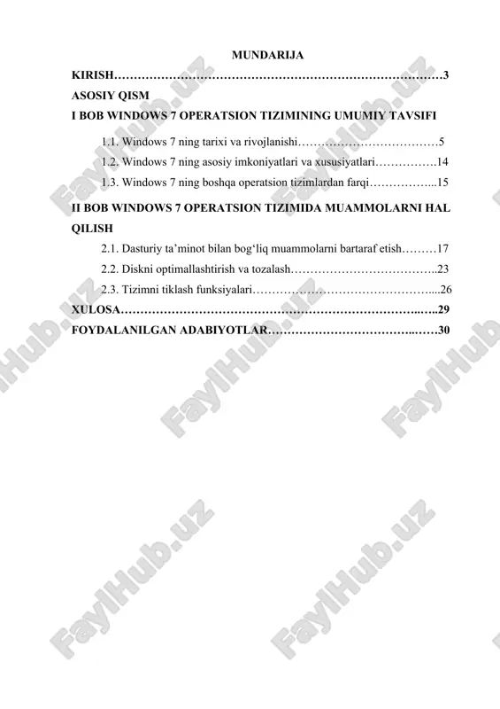 zifalarni ko‘zlaydi: windows 7 operatsion tizimining asosiy xususiyatlarini o‘rganish; tizim bilan ishlashda yuzaga keladigan muammolarni hal qilish usullarini tahlil qilish; foydalanuvchilarga windows 7 tizimidan samarali foydalanish bo‘yicha tavsiyalar berish. mazkur ishda windows 7 operatsion tizimi bilan ishlashning nazariy va amaliy tomonlari o‘rganilib, tizimning asosiy elementlari, sozlash usullari va qo‘llash sohalari yoritiladi. kurs ishining maqsad: mazkur kurs ishining asosiy maqsadi – windows 7 operatsion tizimining imkoniyatlari, tuzilishi va undan foydalanish ko‘nikmalarini o‘rganish orqali tizim bilan samarali ishlash usullarini aniqlash va foydalanuvchilarga amaliy tavsiyalar berishdir. kurs ishining vazifalar: ushbu maqsadga erishish uchun quyidagi vazifalar bajariladi: 1. windows 7 operatsion tizimining paydo bo‘lish tarixi va rivojlanish jarayonini o‘rganish. 2. windows 7 operatsion tizimining asosiy xususiyatlari va boshqa tizimlardan farqlarini tahlil qilish. 3. windows 7 interfeysining asosiy elementlari va funksional imkoniyatlarini ko‘rib chiqish. 4. tizimni sozlash, dasturlarni o‘rnatish va xavfsizlikni ta’minlash bo‘yicha amaliy usullarni tahlil qilish. 5. operatsion tizim bilan ishlash jarayonida yuzaga kelishi …