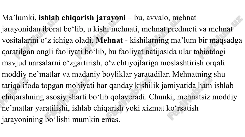 okiga mos bo‘lgan asbobuskunalar bilan ta’minlash, ish joylariga xizmat ko‘rsatishni uzluksiz yaxshilab borishdan, ish vaqtining isrof bo‘lishini yo‘qotadigan eng samarali xizmat ko‘rsatish tartiblarini joriy qilishdan; mehnat jarayonini takomillashtirish, mehnatning ilg‘or usul va uslublarini joriy qilish, bunga xodimlarning yuqori mehnat unumdorligini ta’min etuvchi eng oqilona mehnat jarayonini loyihalash va tatbiq qilish, shuningdek, mehnatning ilg‘or usul va uslublarini aniqlash, o‘rganish, tanlash va yoyish yo‘li bilan erishishdan; xodimlarni tanlash, tayyorlash, ularning malakalarini oshirishni tashkil etishni, bu jarayondagi ish shakllarini yaxshilash. ijtimoiy va xususiy sektorlardagi ishlab chiqarish hamda xizmat ko‘rsatish korxonalarida mehnatni tashkil etish uchun bir qancha vazifalarning har birini bir vaqtning o‘zida va bir-biriga bog‘liq holda kompleks hal etish lozim. iqtisodiy vazifalar provardida ish vaqtini tejash bo‘lib chiqadi. lekin bu yo‘nalishda eng yuqori darajalarga erishish uchun sog‘lom mehnat sharoiti va natijalaridan manfaatdorlikni ta’minlash zarur bo‘ladi. shu munosabat bilan bozor iqtisodiyotining hozirgi sharoitida korxonalarda mehnatni tashkil etishning asosiy vazifalari quyidagilardan iborat: 1.iqtisodiy vazifalar; 2. …