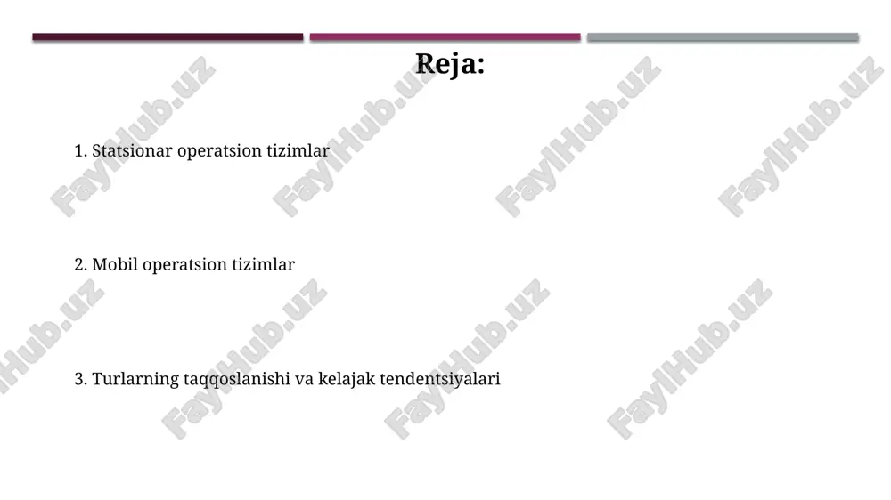 n ishlab chiqilgan, faqat apple qurilmalarida ishlaydi va 1,65 milliarddan ortiq faol qurilmalarni qamrab oladi, xavfsizlik va optimallashtirishga urg'u beradi. statsionar va mobil operatsion tizimlarning arxitekturasi statsionar ot arxitekturasi ko'pincha xotirani boshqarish, fayl tizimlari va apparat resurslarini boshqarishni o'z ichiga olgan 32 yoki 64 bitli yadrolarga ega. mobil otlar arxitekturasi quvvat samaradorligiga yo'naltirilgan arm protsessorlarida ishlaydi, bu esa yadroning hajmini optimallashtiradi va resurslarni tejashga qaratilgan. statsionar va mobil operatsion tizimlarning farqlari statsionar otlar asosan katta hajmdagi ma'lumotlarni qayta ishlashga mo'ljallangan, odatda 4gb dan 1tb gacha ramni qo'llab-quvvatlaydi, mobil otlar esa kam quvvat sarflash uchun optimallashtirilgan. mobil otlarda quvvatni tejash maqsadida protsessor chastotasi 1 ghz dan 3 ghz gacha cheklangan bo'lsa, statsionar otlar yuqori ishlash uchun 3 ghz dan 5 ghz gacha ishlay oladi. xavfsizlik va boshqaruv masalalari mobil os larda xavfsizlik buzilishi 70% gacha boʻlishi mumkin, bu esa maʼlumotlar shifrlashning muhimligini taʼkidlaydi va mdm (mobile device management) siyosatini qoʻllashni talab …