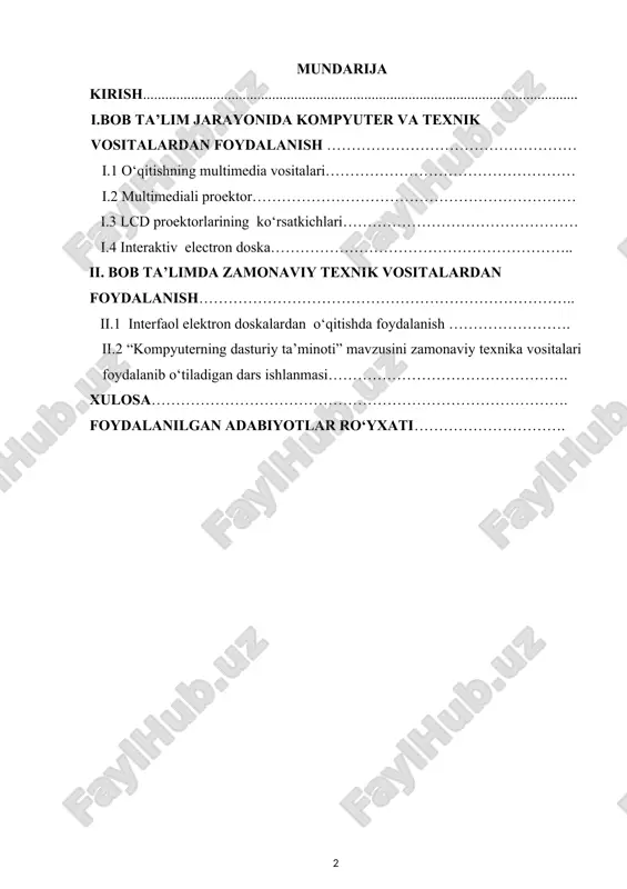 uksiz ta’lim-chuqur, har taraflama asosli ta’lim-tarbiya berish, mutaxassis kadrlar tayyorlashning turli-tuman shakl, usul, vosita, uslub va yo‘nalishlarining mukammal uyg’unligidan iboratdir. uning turli komponentlari o‘rtasidagi o‘zaro aloqadorlik, muayyan usul va uslublarning ta’lim sharoitiga oqilona tadbiq etilishi uzluksiz ta’lim sifatini ta’minlaydi. dunyoning rivojlangan va rivojlanayotgan mamlakatlarida ta’limni axborotlashtirishga alohida e’tibor qaratilmoqda. shu borada, ta’limni rivojlantirish, uning samaradorligini oshirish yo‘llari izlanmoqda, ta’limda yangi axborot texnologiyalarini joriy etish masalasi ommalashmoqda. hozirda barcha ta’lim muassasalari zamonaviy kompyuter va telekommunikatsiya texnologiyalari bilan jihozlanmoqda. bu esa, pedagoglarning o‘z mehnat faoliyatiga yangicha yondashuvni talab etadi. mamlakatimizda “kadrlar tayyorlash milliy dasturi”da belgilangan vazifalardan kelib chiqib, davlat ta’lim standartlari hayotga tadbiq qilinilayotgan bir paytda, talim muassasalaridagi o‘quv-tarbiya jarayonini sifatli tashkil etish uchun o‘qitishning texnik vositalarini yangi avlodini qollash o‘qitish texnologiyasini yanada tezroq rivojlanishiga zamin bo‘lib xizmat qiladi. ta’lim tizimining bugungi vazifasi-talaba (o‘quvchi, tinglovchi)larni kun sayin ko‘payib borayotgan axborot-ta’lim muhiti sharoitida uning mazmunini jadalashgan holda o‘rgatishdan iboratdir. buning uchun ta’limda o‘qitishning …