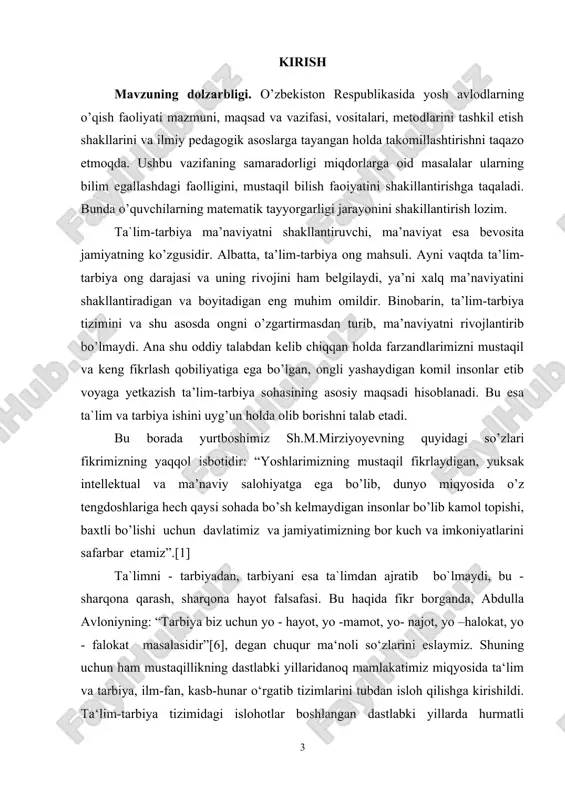 b, dunyo miqyosida o’z tengdoshlariga hech qaysi sohada bo’sh kelmaydigan insonlar bo’lib kamol topishi, baxtli bo’lishi uchun davlatimiz va jamiyatimizning bor kuch va imkoniyatlarini safarbar etamiz”.[1] ta`limni - tarbiyadan, tarbiyani esa ta`limdan ajratib bo`lmaydi, bu -sharqona qarash, sharqona hayot falsafasi. bu haqida fikr borganda, abdulla avloniyning: “tarbiya biz uchun yo - hayot, yo -mamot, yo- najot, yo –halokat, yo - falokat masalasidir”[6], degan chuqur ma‘noli so‘zlarini eslaymiz. shuning uchun ham mustaqillikning dastlabki yillaridanoq mamlakatimiz miqyosida ta‘lim va tarbiya, ilm-fan, kasb-hunar o‘rgatib tizimlarini tubdan isloh qilishga kirishildi. ta‘lim-tarbiya tizimidagi islohotlar boshlangan dastlabki yillarda hurmatli yurtboshimiz jahon tarbiyasi va hayotda o‘zini ko‘p bor oqlagan haqiqatdan kelib chiqib, agar bu maqsadlarimizni muvaffaqiyatli ravishda amalga oshira olsak, tez orada hayotimizda yangi ta‘lim modelining kuchli samarasiga erishishimizni ta‘kidlagan edilar. ta’limning yangi modeli esa jamiyatda mustaqil fikrlovchi erkin shaxslarning shakllanishiga olib keladi. ta’lim sifati – ko’p qirrali tushuncha. u nafaqat natijaviy, balki ta’lim sharoitiga bog’liq holda …