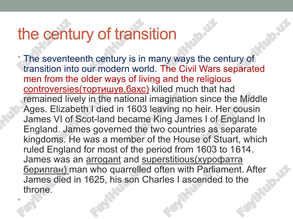 e son of the executed king, ascended the throne in 1660. charles ii’s reign was followed by the brief reign of his brother james ii, who came to the throne in 1685. the years between 1660 and 1688 are called the “restoration”. political events by that time two main parties had been formed in parliament, one representing the interests of businessmen, the other, the interests of the land-owners and clergy. the two parties hated each other so much that the insulting nicknames of “whigs” for businessmen and “tories” for landowners were invented. later, these names came to be used officially. in 1688 the parliament worked out the bill of rights, according to which the royal power, the armed forces, and taxation were brought under the control of parliament. king james fled to france, and in 1689 the crown was offered to his daughter mary and her husband william of holland. …