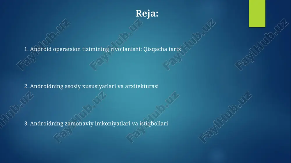 topshirdi, shuningdek, doze rejimini batareya quvvatini tejash uchun optimallashtirdi. androidning rivojlanish muhiti va dasturlash tillari androidning dastlabki rivojlanish muhiti eclipse edi, keyin 2013 yilda google android studio ni taqdim etdi. ushbu ide kotlin va java dasturlash tillarini toʻliq qoʻllab-quvvatlaydi. android dasturlashda java asosiy til boʻlgan, lekin google kotlinni 2017 yilda rasman qo'llab-quvvatlay boshladi. kotlin zamonaviy xususiyatlarga ega va java bilan to'liq mos keladi. android ilovalarini yaratish jarayoni android ilovalarni yaratishda java yoki kotlin kabi dasturlash tillaridan foydalaniladi. android sdk (software development kit) asosiy vosita bo'lib, apilar va debug qilish imkoniyatlarini taqdim etadi. android ilovalarini yaratish jarayoni xml yordamida ui (user interface) dizaynini yaratishni o'z ichiga oladi. ui elementlari android framework api orqali dinamik ravishda boshqariladi. androidning apparat ta'minoti bilan integratsiyasi android yadrosi linux yadrosi bilan chambarchas bog'langan bo'lib, apparat drayverlari orqali xotira, protsessor va periferik qurilmalarni boshqarishda 100 dan ortiq tizim qo'ng'iroqlaridan foydalanadi. android hal (hardware abstraction layer) apparat komponentlari …