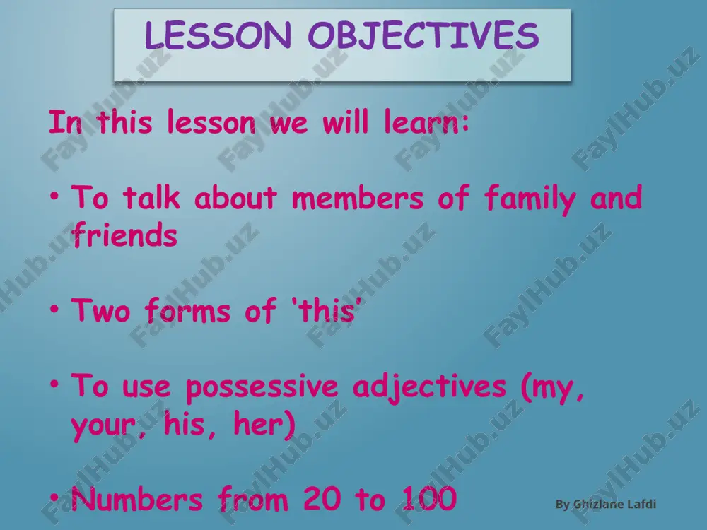 ters? by ghizlane lafdi task having learned the possessive adjectives, translate the following sentences into english example: abuunaa ismuhu mohammad = our father is called mohammad my grandfather is called ahmad 2. my girlfriend is called selina 3. her mother is called fatima 4. your (male) father is called omar 5. your (male) brother is called sameer 6. our brother is called saalim by ghizlane lafdi numbers 20- 100 waahid wa 3ishruun ithnaani wa 3ishruun thalaatha wa 3ishruun arba3a wa 3ishruun khamsa wa 3ishruun sitta wa 3ishruun thamaaniya wa 3ishruun tis3a wa 3ishruun sab3a wa 3ishruun thalaathuun by ghizlane lafdi un mi’a what age (of) brother-your? how old is your brother? brother-my age-his 15 year my brother is 15 years old by ghizlane lafdi how old is your mother? by ghizlane lafdi task: role play you are on holiday in jordan and you meet somebody in the train station. you …