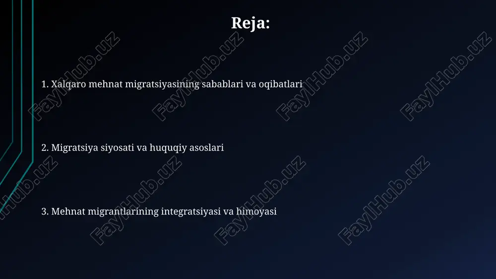 maytiradi, ammo malakali ishchi kuchining yo'qolishi iqtisodiy o'sishni sekinlashtirishi mumkin. maqsadli mamlakatlarda immigratsiya ishchi kuchini to'ldiradi, ayniqsa, qishloq xo'jaligi va qurilish kabi kam maoshli sohalarda, lekin ish haqi pasayishi va ishsizlikni keltirib chiqarishi mumkin. migratsiyaning ijtimoiy va madaniy ta'siri migratsiya tufayli, diasporalar paydo bo'ladi, bu esa 2-3 avlod davomida milliy urf-odatlarni saqlab qolishga yordam beradi, lekin assimilyatsiya jarayonlari ham kuchayadi. migratsiya xalqaro nikohlar sonini oshiradi, natijada 70-80% hollarda ikki tomonlama madaniy boyish kuzatiladi, ammo etnik kelishmovchiliklar ham yuzaga kelishi mumkin. migratsiya siyosati va boshqaruvi migratsiya siyosati 2021-2030 yillarga mo'ljallangan milliy strategiyani o'z ichiga oladi, bu migratsiyani barqaror rivojlanish maqsadlariga integratsiya qilishga qaratilgan. migratsiya boshqaruvi migratsiya jarayonlarini tartibga solish uchun idoralararo muvofiqlashtirishni, shu jumladan 15 dan ortiq davlat organlari ishtirokini talab qiladi. muammolar, imkoniyatlar va xulosalar muammolardan biri malakasiz ishchilar ekspluatatsiyasi, ularning huquqlari himoyalanmagani va past ish haqi olishidir. bu, ayniqsa, norasmiy sektorda keng tarqalgan. migratsiya davlatlar uchun iqtisodiy o'sish imkoniyatlarini …