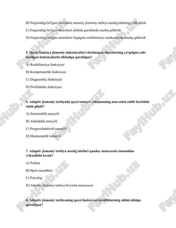 ilaktika funksiyasi 9. qaysi tamoyil mashg'ulotlar davomiyligi, intensivligi va xarakterini hisobga olishni nazarda tutadi? a) oshkoralik tamoyili b) muntazamlik tamoyili c) o'zgaruvchanlik tamoyili d) tizimlilik tamoyili 10. adaptiv jismoniy tarbiyada 'kompensatsiya' nima? a) jismoniy faoliyatni to'xtatish b) jismoniy imkoniyatlarni oshirish c) jismoniy mashqlarni rad etish d) jismoniy nuqsonni boshqa funksiyalar orqali qoplash javoblar: № javoblar 1 b 2 a 3 c 4 b 5 a 6 a 7 d 8 d 9 c 10 d /docprops/thumbnail.jpeg