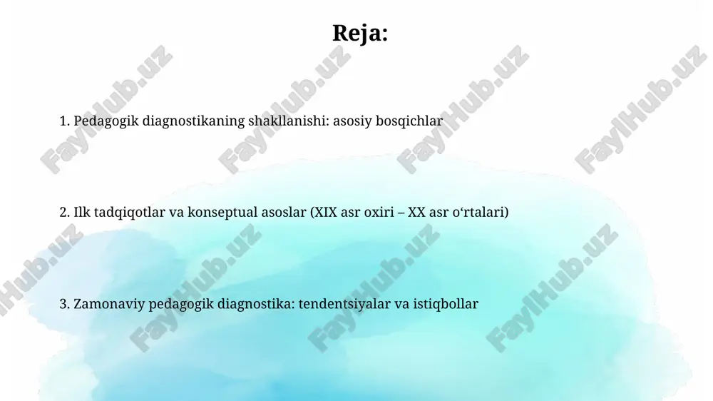 yatini aniqroq baholash va ularga mos yondashuvlarni ishlab chiqishga imkon berdi. pedagogik o'lchovlarning rivojlanishi pedagogik o'lchovlar 19-asrda frensis galton va karl pirsonning ishlari bilan boshlangan bo'lib, ular statistik usullarni qo'llagan holda inson qobiliyatlarini o'lchashga harakat qilishgan. 20-asrning boshlarida alfred binet aql darajasini o'lchash uchun birinchi standartlashtirilgan testni yaratdi, bu esa ta'lim sohasida o'quvchilarning bilimlarini baholashga katta ta'sir ko'rsatdi. diagnostik metodlarning takomillashuvi (xx asr o'rtalari) xx asr o'rtalarida test nazariyasi rivojlanishi pedagogik diagnostikaning asosiy metodlaridan biri bo'lgan standartlashtirilgan testlarni yaratishga turtki bo'ldi, bu esa o'quvchilarning bilimini ob'ektiv baholash imkonini berdi. 1950-yillarda benjamin bloom taksonomiyasi pedagogik diagnostika uchun o'quv maqsadlarini aniqlashtirish va baholash mezonlarini ishlab chiqishda muhim rol o'ynadi, bu esa o'qitish sifatini oshirishga yordam berdi. zamonaviy tendentsiyalar va yo'nalishlar pedagogik diagnostikada raqamli texnologiyalarning keng qo'llanilishi, masalan, adaptiv testlash platformalari orqali o'quvchilarning individual ehtiyojlarini aniqlash 2.0 versiyasi. inklyuziv ta'limdagi diagnostika, turli xil o'quvchilar guruhlari (masalan, nogironligi bo'lganlar) uchun diagnostika vositalarini moslashtirish va …