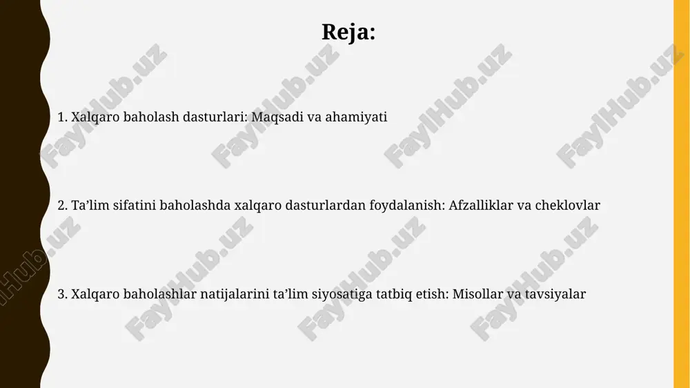 lekin ular mahalliy kontekstni hisobga olmasligi, natijada o'ziga xoslikni yo'qotish xavfi mavjud. o'zbekistonning xalqaro baholashlardagi ishtiroki o'zbekiston pisa-2022 da ilk bor qatnashib, 15 yoshli o'quvchilarning matematika, o'qish va tabiiy fanlardagi savodxonligini baholashda ishtirok etdi, bu esa muhim qadamdir. timss 2019 tadqiqotida o'zbekiston 4-sinf o'quvchilarining matematika va fan bo'yicha natijalari global o'rtacha ko'rsatkichdan past bo'lgani aniqlandi, bu sohani takomillashtirish zarurligini ko'rsatadi. xalqaro baholash natijalarini tahlil qilish va talqin etish xalqaro baholash natijalarini tahlil qilish pirls va pisa kabi dasturlar orqali erishilgan o'rtacha ballarni mamlakat ichidagi demografik guruhlar bilan solishtirishni o'z ichiga oladi. talqin qilishda, o'quvchilarning 400 dan kam ball olishi minimal savodxonlikni ko'rsatadi, 500 dan yuqori ball esa yuqori darajadagi tahlil qobiliyatini aks ettiradi, bu esa ta'lim strategiyasiga ta'sir qiladi. natijalardan ta'lim siyosatini takomillashtirishda foydalanish natijalarni tahlil qilib, ta'lim standartlari va o'quv dasturlarini optimallashtirish, ayniqsa, matematika va tabiiy fanlar bo'yicha ko'rsatkichlar past bo'lgan sohalarda islohotlar o'tkazish muhim. pisa va timss kabi …