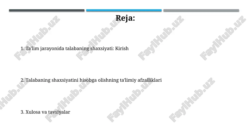 ashkil etadi va ichki dunyoga e'tibor berishadi. temperament turlari orasida xoleriklar (10%) tezkorligi, sangviniklar (40%) muvozanati, flegmatiklar (40%) xotirjamligi va melanxoliklar (10%) sezgirligi bilan ajralib turadi. shaxsiyatning o'quv natijalariga ta'siri shaxsning kognitiv xususiyatlari, masalan, 100 dan yuqori iq balli va xotira hajmi, o'quv natijalariga 30% gacha ta'sir qilishi mumkin, chunki tezroq tushunish va eslab qolish imkoniyatini beradi. motivatsiya darajasi, ya'ni ichki motivatsiyaning 7 balli shkalada 5 dan yuqori bo'lishi, o'quvchining o'zlashtirish ko'rsatkichini 25% gacha oshirishi mumkin, darslarga qiziqishi tufayli. shaxsiyat va motivatsiya shaxsning motivatsiyasi ta’limda muhim rol o’ynaydi, chunki u o’quvchining o’zlashtirish darajasiga 80% gacha ta’sir ko’rsatishi mumkin, bu esa uning muvaffaqiyatini belgilaydi. ichki motivatsiya, masalan, qiziqish, o’quvchining 75% holatlarda faolligini oshiradi, bu esa o’rganish jarayonini 40% ga tezlashtiradi. shaxsiyat va o'qitish uslublari shaxsiyatning o'qitish uslublariga ta'siri 5 omil (big five) orqali o'rganiladi: ochilganlik, vijdonlilik, ekstroversiya, yoqimlilik va nevrotizm, pedagogik strategiyalarni moslashtirish uchun muhim. o'qitish uslublari (masalan, vizual, auditorial, kinestetik) …