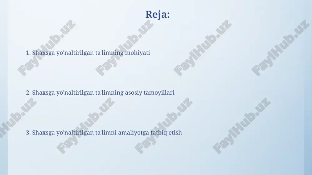 ing noyob xususiyatlarini qadrlash va ularga mos keladigan o'quv dasturlarini yaratishga qaratilgan. sub'ektivlik tamoyili sub'ektivlik tamoyili har bir o'quvchining noyob xususiyatlari, qobiliyatlari va shaxsiy tajribalarini hisobga olishni nazarda tutadi, bu esa ularning o'ziga xosligini qadrlashga yo'naltirilgan. ushbu tamoyil ta'lim jarayonida o'quvchining individual ehtiyojlari va qiziqishlarini qondirishga qaratilgan bo'lib, 7 asosiy jihat orqali shaxsning rivojlanishiga ko'maklashadi. faollik tamoyili "faollik tamoyili" o'quv jarayonida o'quvchining 100% ishtirokini, mustaqil fikrlash va 2-darajali topshiriqlarni bajarish orqali shaxsiy o'sishini ta'minlaydi. ushbu tamoyil o'quvchining 7 xil ko'nikmasini rivojlantirishga qaratilgan: tanqidiy fikrlash, muammolarni yechish va 3ta yangi g'oyalarni yaratish kabi qobiliyatlarni o'z ichiga oladi. ijodkorlik tamoyili ijodkorlik tamoyili, o'quvchilarning 100% imkoniyatlarini ochishga qaratilgan, innovatsion yondashuvlarni va 21-asr ko'nikmalarini rivojlantirishni maqsad qiladi. ushbu tamoyil, har bir shaxsda mavjud bo'lgan 5 xil ijodiy qobiliyatni (tasavvur, tahlil, sintez, baholash, va moslashuv) faollashtirish orqali namoyon bo'ladi. hamkorlik tamoyili hamkorlik tamoyili o'quvchi, o'qituvchi va ota-onalar o'rtasida 3 tomonlama munosabatni nazarda tutib, 4 ta …