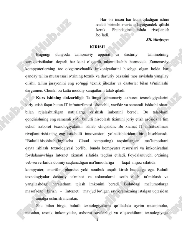 joz sifatida kompyuter, smartfon, planshet yoki noutbuk orqali kirish huquqiga ega. bulutli texnologiyalar dasturiy ta'minot va uskunalarni sotib olish, ta’mirlash va yangilashdagi harajatlarni tejash imkonini beradi. bulutdagi ma'lumotlarga masofadan kirish - interneti mavjud bo‘lgan sayyoramizning istalgan uqtasidan amalga oshirish mumkin. shu bilan birga, bulutli texnologiyalarni qoʻllashda ayrim muammolar, masalan, texnik imkoniyatlar, axborot xavfsizligi va oʻquvchilarni texnologiyaga moslashtirish kabi masalalar ham mavjud. shuning uchun ushbu kurs ishida bulutli texnologiyalarni taʼlim jarayonida qoʻllashning afzalliklari, imkoniyatlari va shu bilan birga yuzaga kelishi mumkin boʻlgan muammolar tahlil qilinadi. kurs ishining maqsadi: bulutli texnologiyalar va ularni oʻquv jarayonida qoʻllash" mavzusidagi kurs ishining maqsadi, bulutli texnologiyalarni taʼlim jarayonida samarali foydalanish imkoniyatlarini oʻrganish va ularning taʼlim sohasiga qanday taʼsir koʻrsatishini tahlil qilishdan iborat. shuningdek, bulutli texnologiyalar orqali oʻquv jarayonini optimallashtirish va modernizatsiya qilish yoʻllarini aniqlash, oʻqitish samaradorligini oshirishga qaratilgan usullarni ishlab chiqishdir. kurs ishining predmeti: bulutli texnologiyalarni taʼlim jarayonida qoʻllashning usullari, metodologiyasi va amaliyotini oʻrganishdir. bu, ayniqsa, …