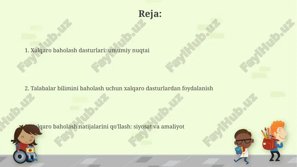 i ishlab chiqish bloom taksonomiyasi kabi kognitiv domenni baholash uchun mos kelishi kerak, bunda murakkablik darajasi oshib boradi. talabalar bilimini baholash uchun xalqaro baholashlardan foydalanish pisa kabi dasturlar 15 yoshli oʻquvchilarning oʻqish, matematika va fandan olgan bilimlarini baholash orqali ta’lim tizimini solishtiradi. bu milliy ta’lim siyosatini takomillashtirishga yordam beradi. timss 4-sinf va 8-sinf oʻquvchilarining matematika va fandan bilim darajasini oʻlchaydi. bu esa oʻquv dasturlari va oʻqitish usullarini rivojlantirishga asos boʻladi. xalqaro baholash natijalarini tahlil qilish va talqin qilish xalqaro baholash natijalarini tahlil qilishda, o'rtacha ko'rsatkichlar va standart og'ishlar kabi statistik ma'lumotlardan foydalanish, o'quvchilarning umumiy tayyorgarligini aniqlaydi. talqin jarayonida, pisa va timss kabi baholashlar natijalari o'quv dasturlari samaradorligini baholash hamda ta'lim siyosatini takomillashtirish uchun muhim ma'lumot beradi. xalqaro baholash natijalari asosida taʼlim siyosatini takomillashtirish xalqaro baholashlar, masalan, pisa, timss, pirls orqali olingan maʼlumotlar 4-sinf va 9-sinf oʻquvchilarining matematik savodxonligini oshirish uchun imkoniyat yaratadi. taʼlim siyosatini takomillashtirish uchun 2018-yilgi pisa natijalari analiz …