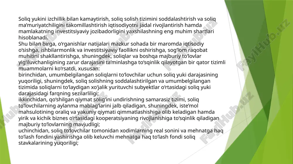 ojxona, shu jumladan individual xususiyatga ega bo‘lgan imtiyozlar hisobiga qo‘llab-quvvatlash amaliyotining keng tarqalganligi; beshinchidan, davlat organlari va tashkilotlari o‘rtasida axborot almashish mexanizmlarining, elektron soliq ma’muriyatchiligi hamda soliq nazoratini amalga oshirish shakl va uslublarining takomillashmaganligi; oltinchidan, o‘tkaziladigan nazorat tadbirlarining sifatiga salbiy ta’sir ko‘rsatuvchi va insofli tadbirkorlik subyektlarining faoliyatiga aralashishlarni kamaytirishga to‘sqinlik qiluvchi nazorat faoliyatini amalga oshirishda xavf-xatarlarni tahlil qilish va boshqarishning aniq tizimi yo‘qligi; yettinchidan, mahalliy soliq va yig‘imlarning ma’muriyatchiligi mexanizmlarining samarasizligi oqibatida ularning yig‘iluvchanlik darajasi yetarli emasligi, shuningdek, ko‘chmas mulk va yer uchastkalarini to‘liq hisobga olish va qiymatini obyektiv aniqlashning mavjud emasligi. mavjud tizimli muammolarni bartaraf etish, 2017 — 2021-yillarda o‘zbekiston respublikasini rivojlantirishning beshta ustuvor yo‘nalishi bo‘yicha harakatlar strategiyasida belgilangan soliq yukini kamaytirish va soliq solish tizimini soddalashtirish, soliq ma’muriyatchiligini takomillashtirish vazifalarini amalga oshirish maqsadida, shuningdek, keng jamoatchilik muhokamasi natijalari hamda xalqaro valyuta jamg‘armasi, jahon banki va xalqaro ekspertlarning tavsiyalaridan kelib chiqib: 1. quyidagilar o‘zbekiston respublikasining soliq siyosatini takomillashtirish konsepsiyasining …